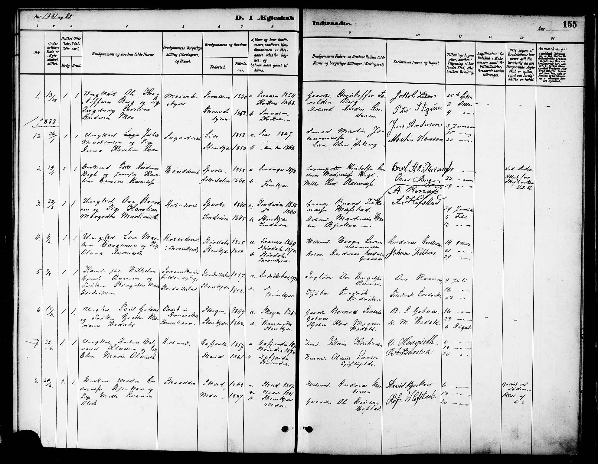 Ministerialprotokoller, klokkerbøker og fødselsregistre - Nord-Trøndelag, AV/SAT-A-1458/739/L0371: Parish register (official) no. 739A03, 1881-1895, p. 155