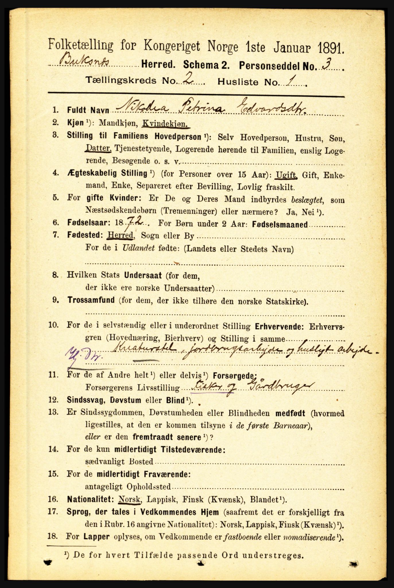 RA, 1891 census for 1860 Buksnes, 1891, p. 1596