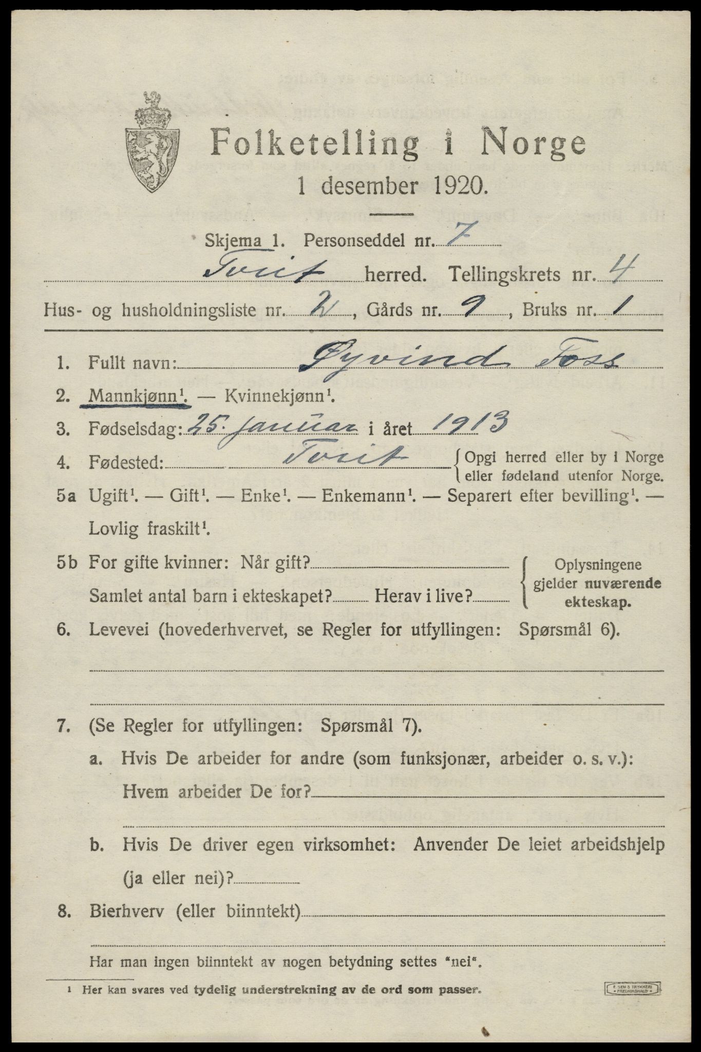 SAK, 1920 census for Tveit, 1920, p. 1996