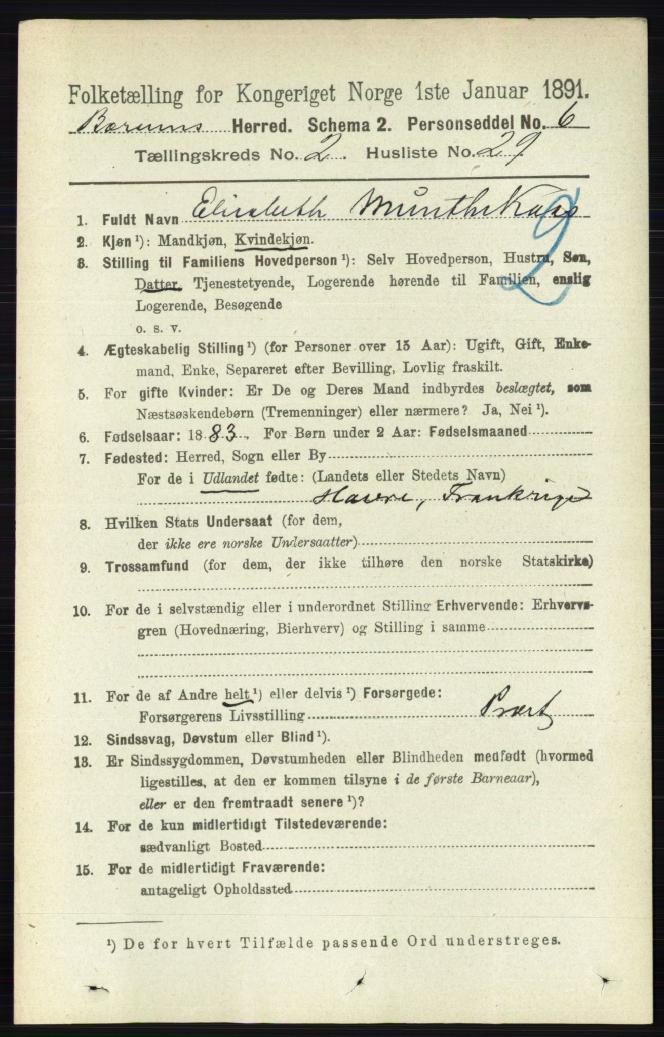 RA, 1891 census for 0219 Bærum, 1891, p. 1290