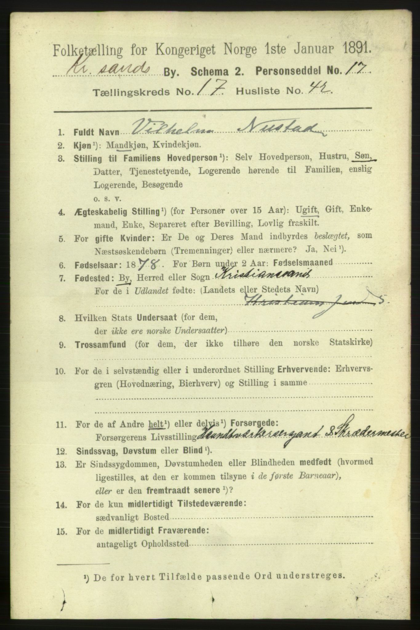 RA, 1891 census for 1001 Kristiansand, 1891, p. 7187