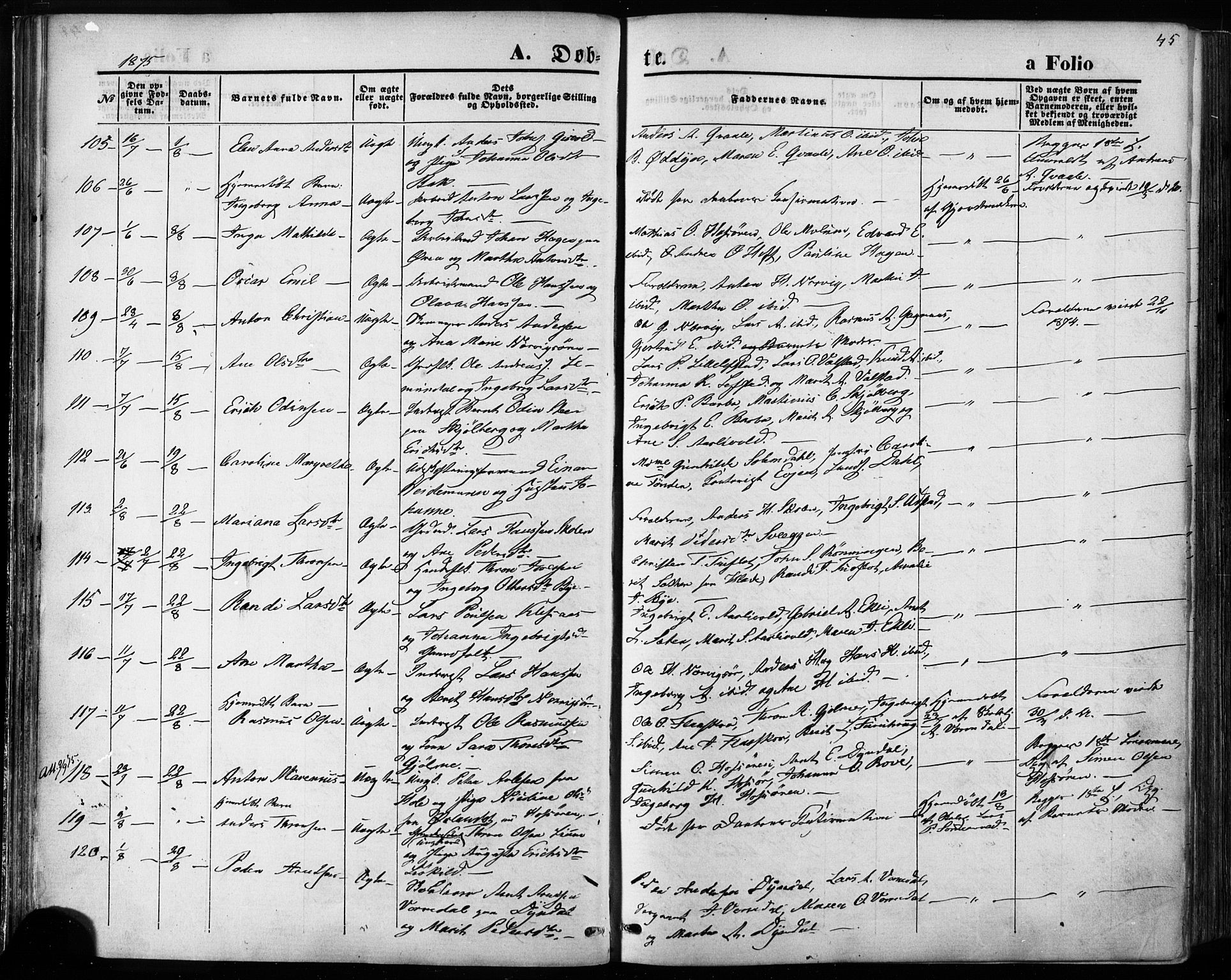 Ministerialprotokoller, klokkerbøker og fødselsregistre - Sør-Trøndelag, SAT/A-1456/668/L0807: Parish register (official) no. 668A07, 1870-1880, p. 45