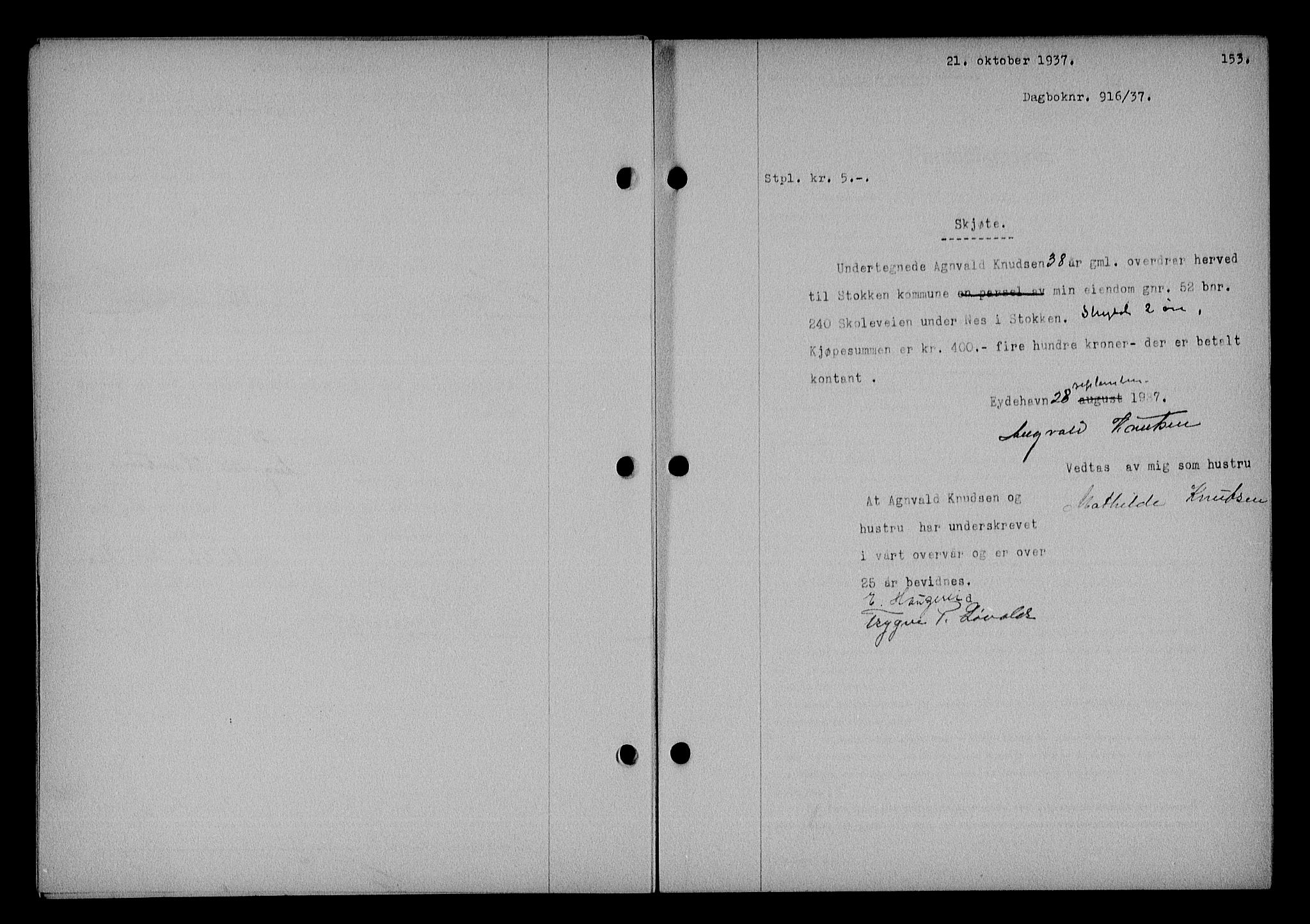 Nedenes sorenskriveri, AV/SAK-1221-0006/G/Gb/Gba/L0044: Mortgage book no. 40, 1937-1938, Diary no: : 916/1937