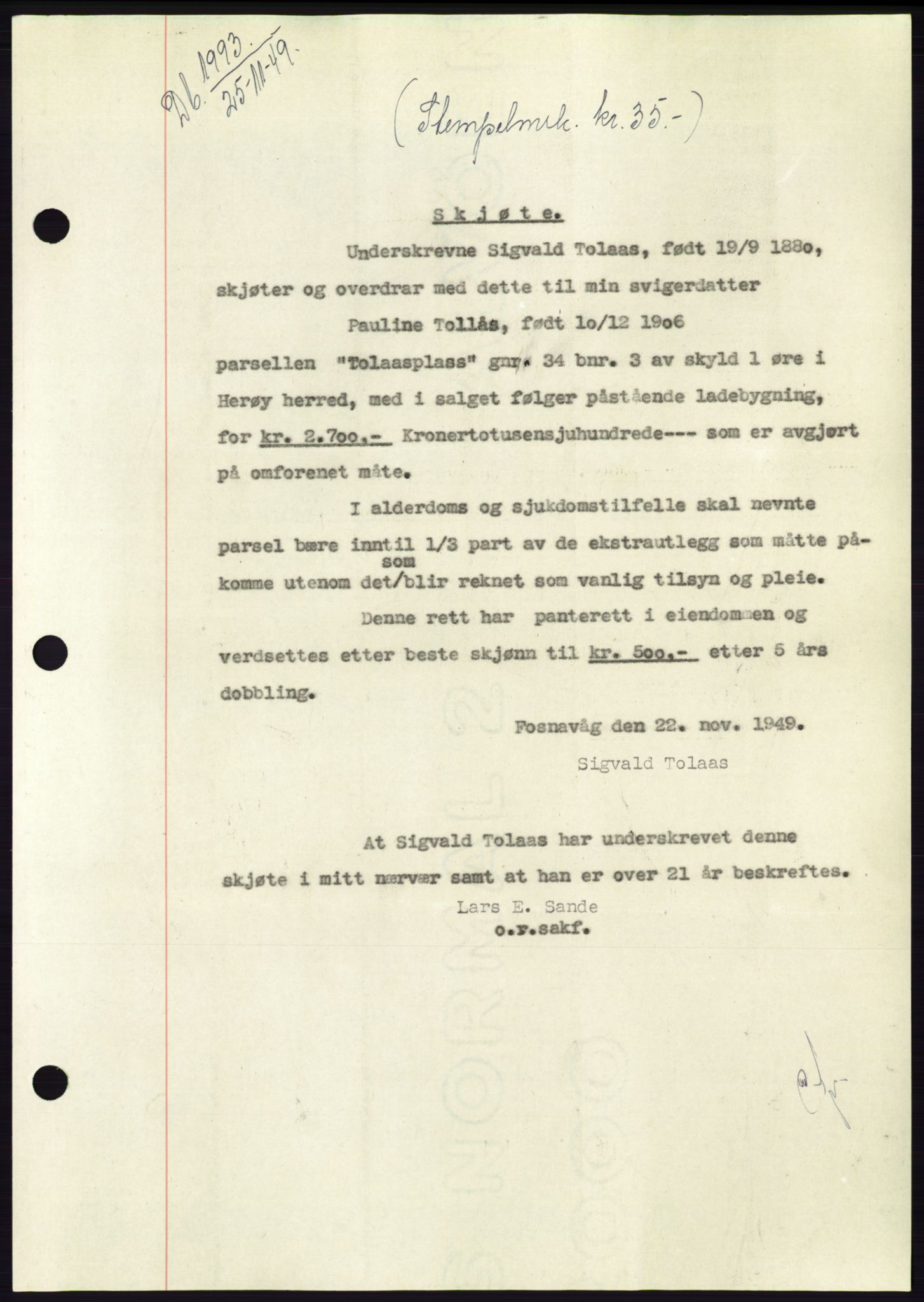 Søre Sunnmøre sorenskriveri, AV/SAT-A-4122/1/2/2C/L0085: Mortgage book no. 11A, 1949-1949, Diary no: : 1993/1949