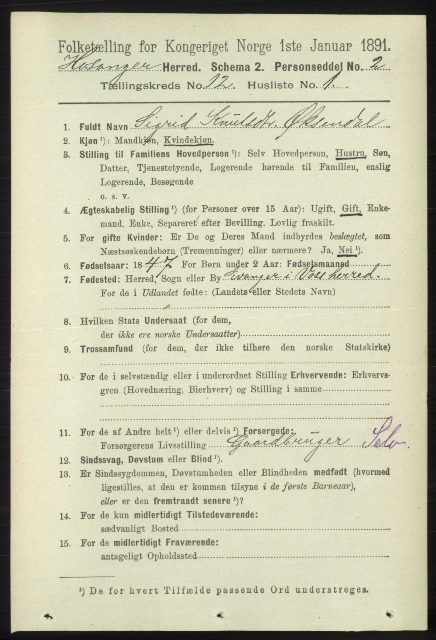 RA, 1891 census for 1253 Hosanger, 1891, p. 3999