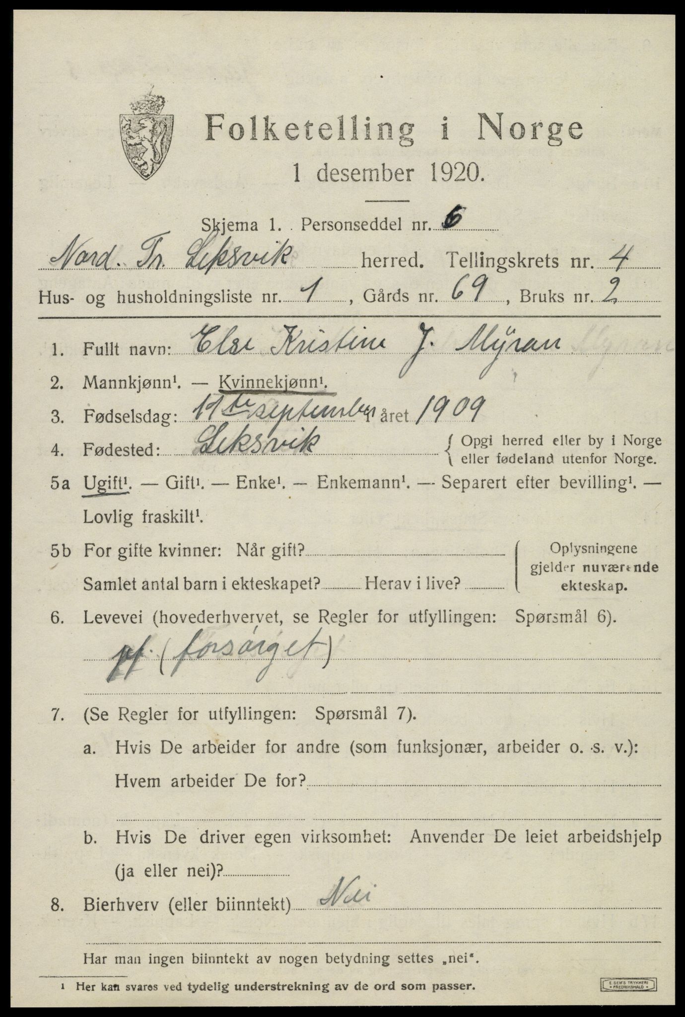 SAT, 1920 census for Leksvik, 1920, p. 3516