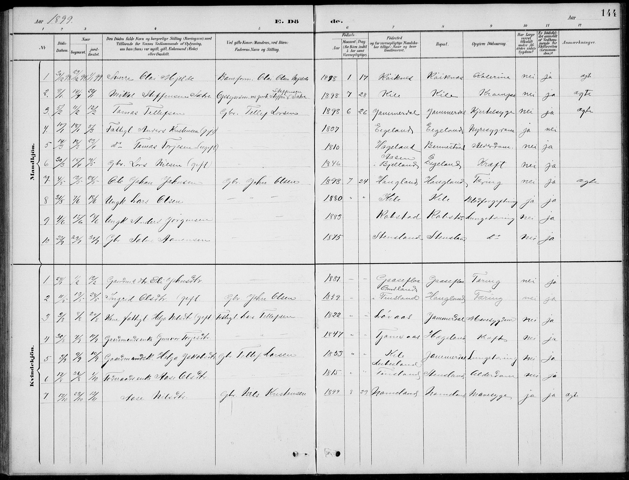 Vennesla sokneprestkontor, AV/SAK-1111-0045/Fb/Fba/L0003: Parish register (copy) no. B 3, 1890-1919, p. 144