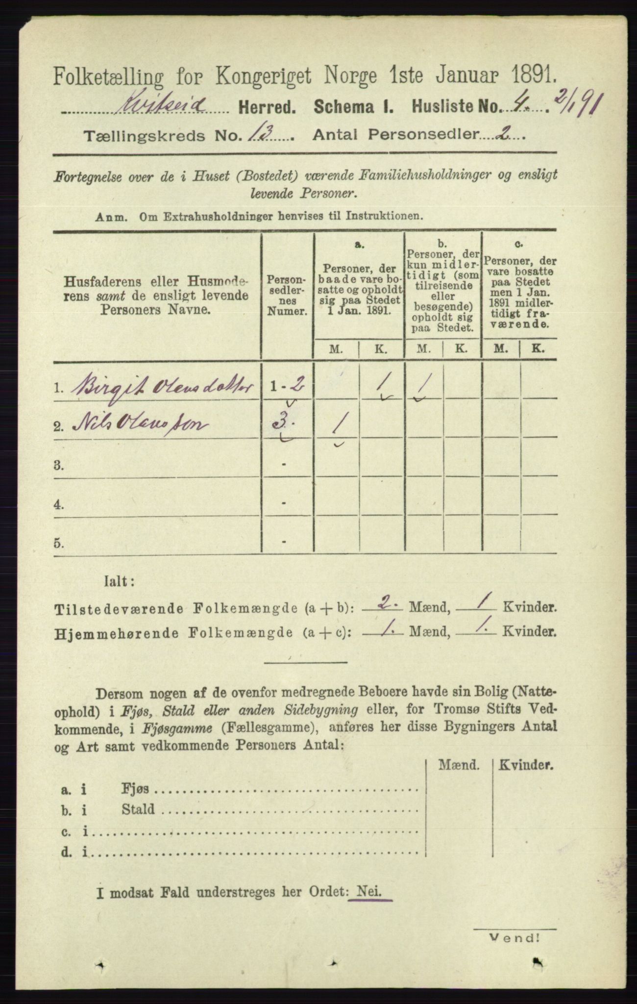 RA, 1891 census for 0829 Kviteseid, 1891, p. 3043