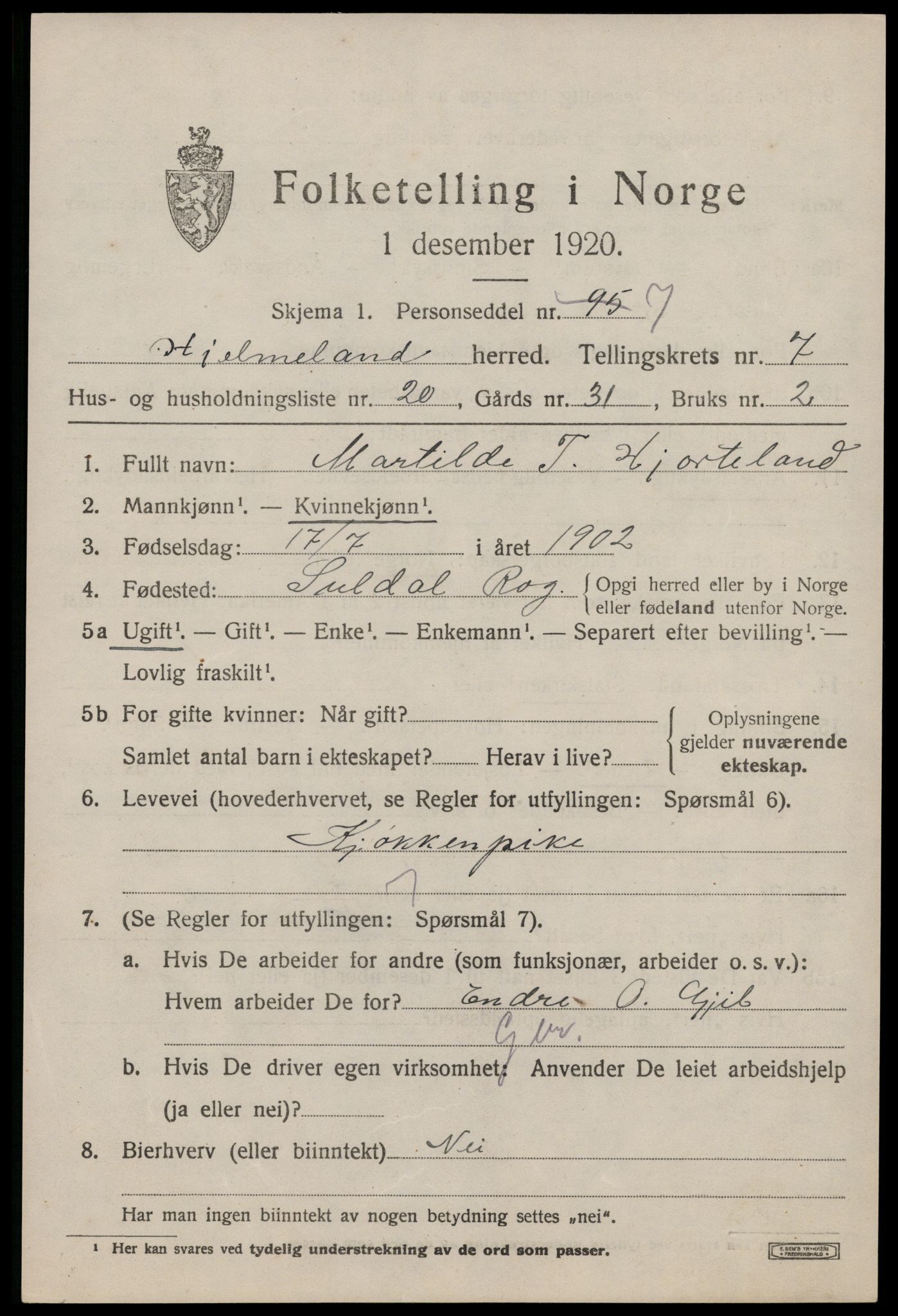 SAST, 1920 census for Hjelmeland, 1920, p. 2447