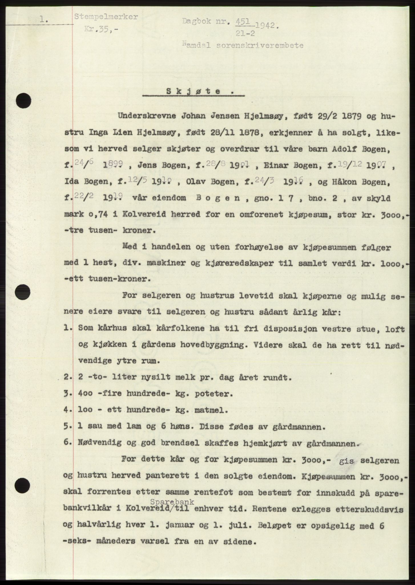 Namdal sorenskriveri, SAT/A-4133/1/2/2C: Mortgage book no. -, 1941-1942, Diary no: : 451/1942