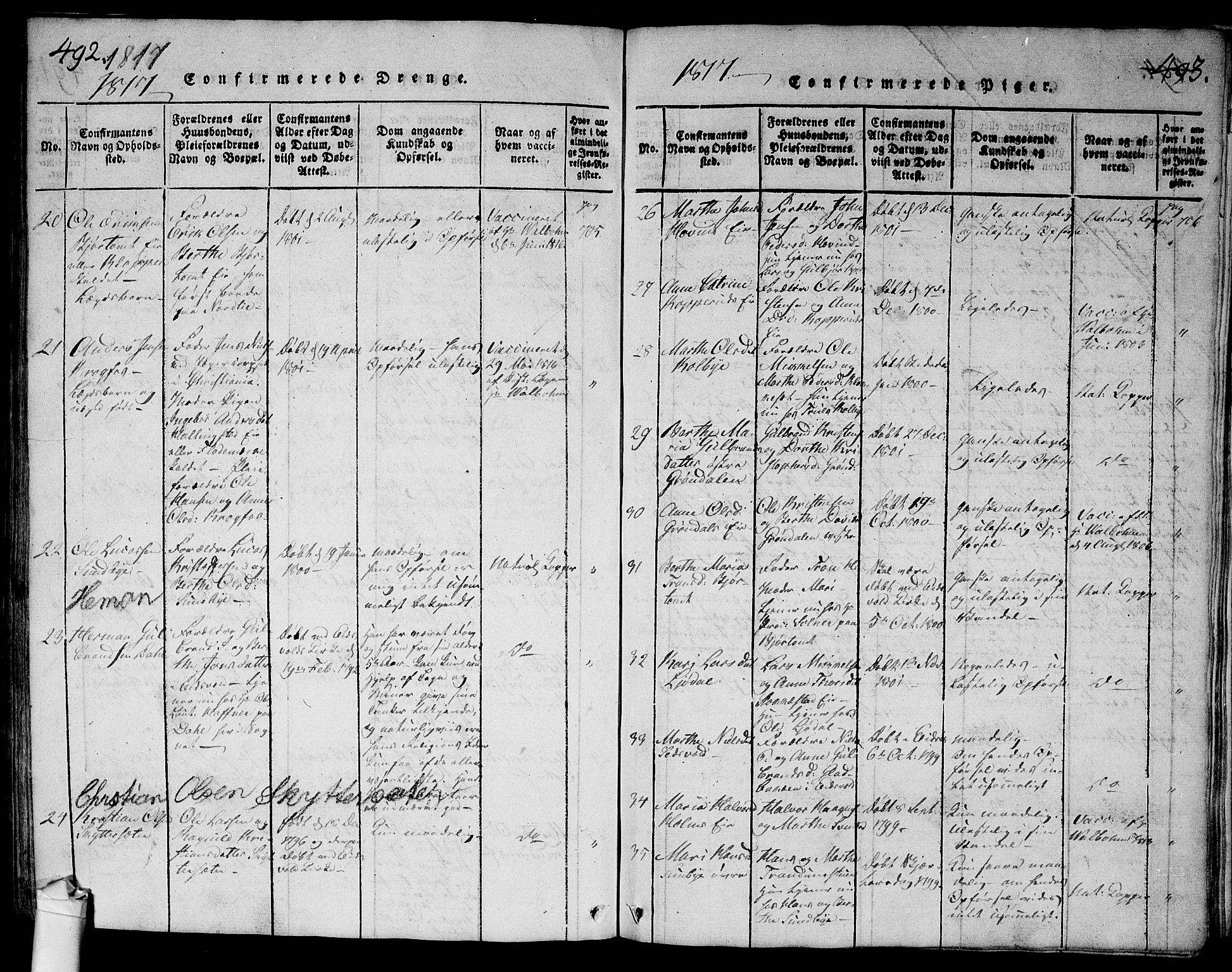 Ullensaker prestekontor Kirkebøker, SAO/A-10236a/G/Ga/L0001: Parish register (copy) no. I 1, 1815-1835, p. 492-493