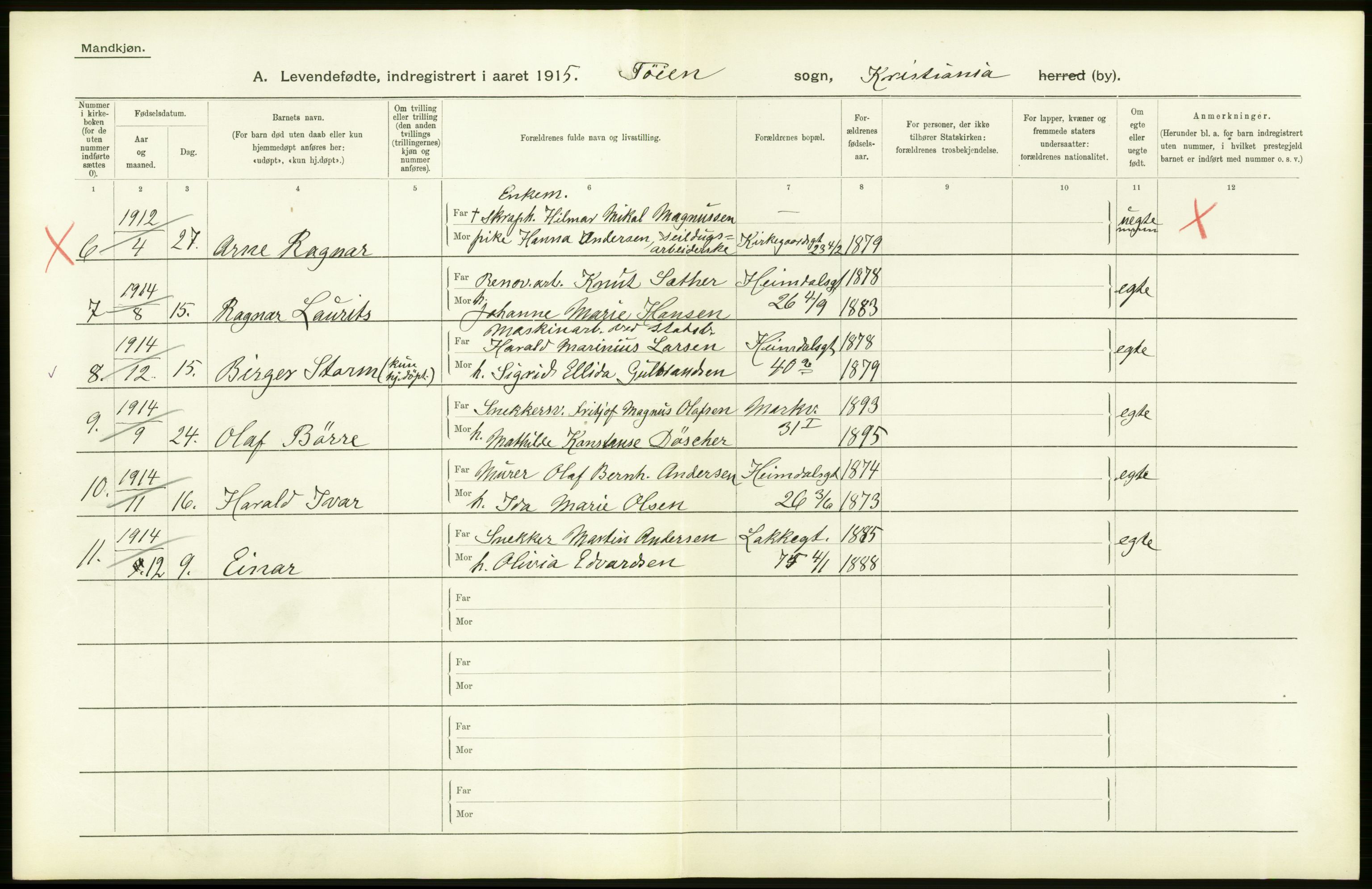 Statistisk sentralbyrå, Sosiodemografiske emner, Befolkning, AV/RA-S-2228/D/Df/Dfb/Dfbe/L0006: Kristiania: Levendefødte menn og kvinner., 1915, p. 192