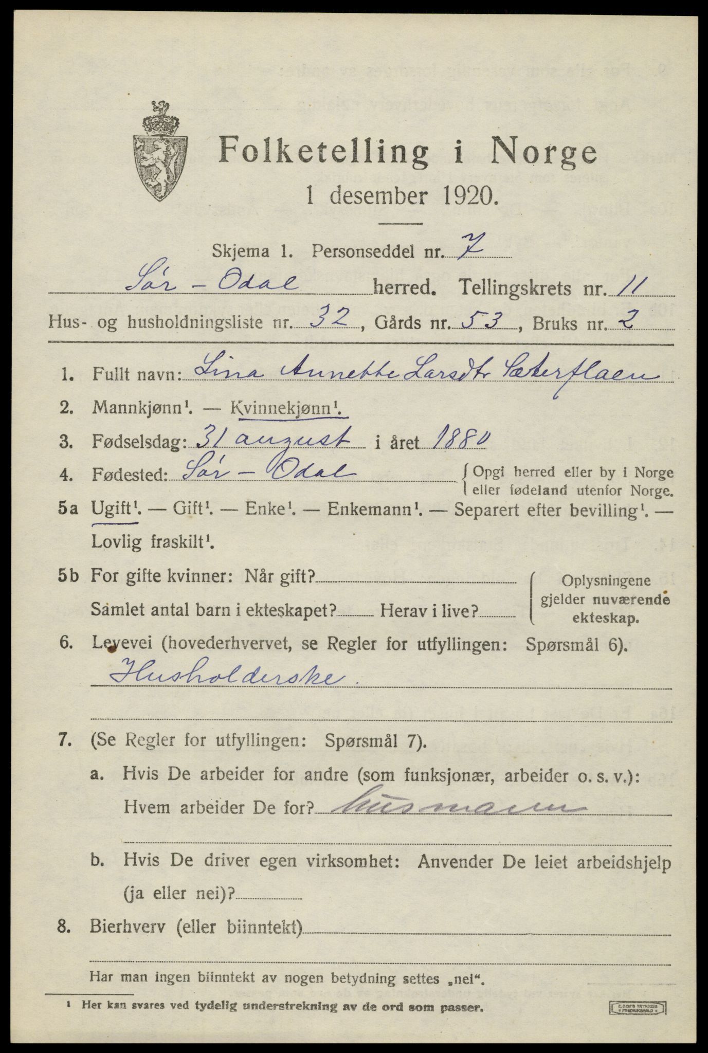 SAH, 1920 census for Sør-Odal, 1920, p. 12191