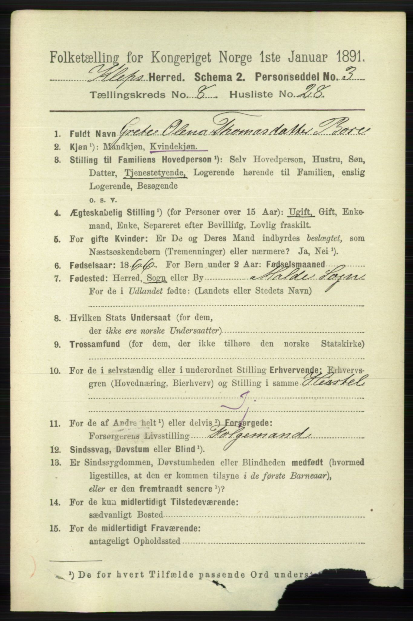 RA, 1891 census for 1120 Klepp, 1891, p. 2706