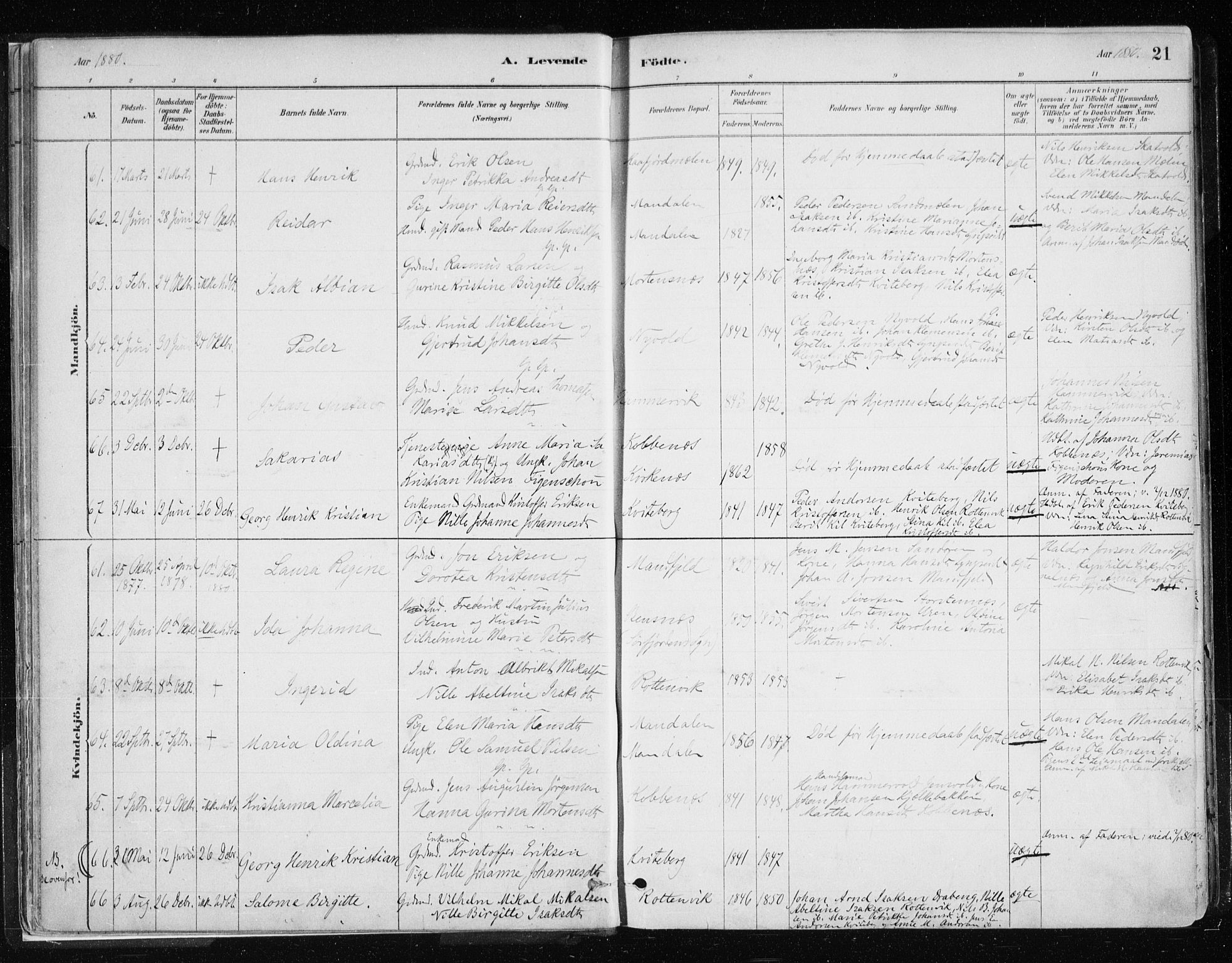 Lyngen sokneprestembete, AV/SATØ-S-1289/H/He/Hea/L0007kirke: Parish register (official) no. 7, 1879-1890, p. 21