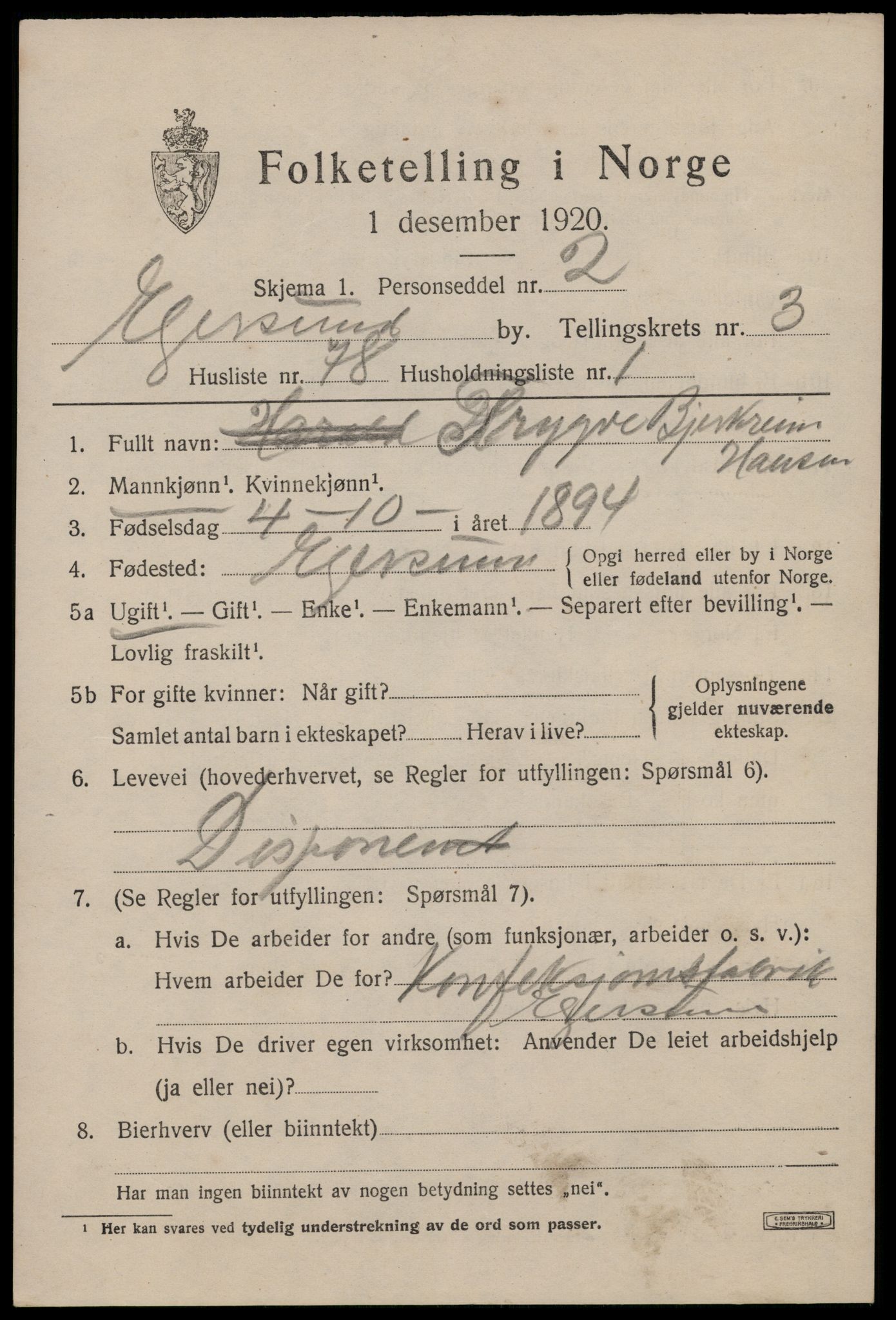 SAST, 1920 census for Egersund town, 1920, p. 5992