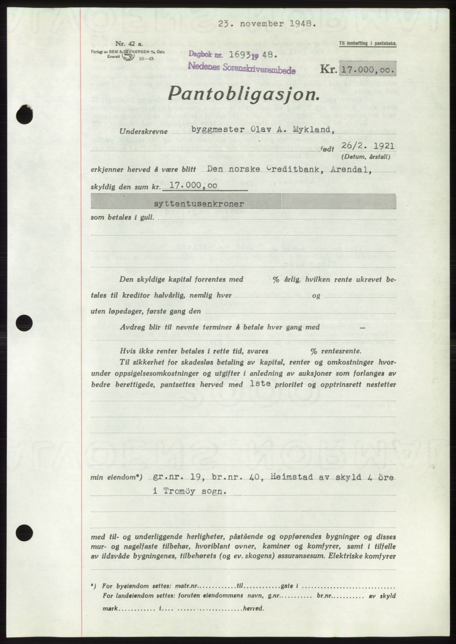 Nedenes sorenskriveri, AV/SAK-1221-0006/G/Gb/Gbb/L0005: Mortgage book no. B5, 1948-1948, Diary no: : 1693/1948