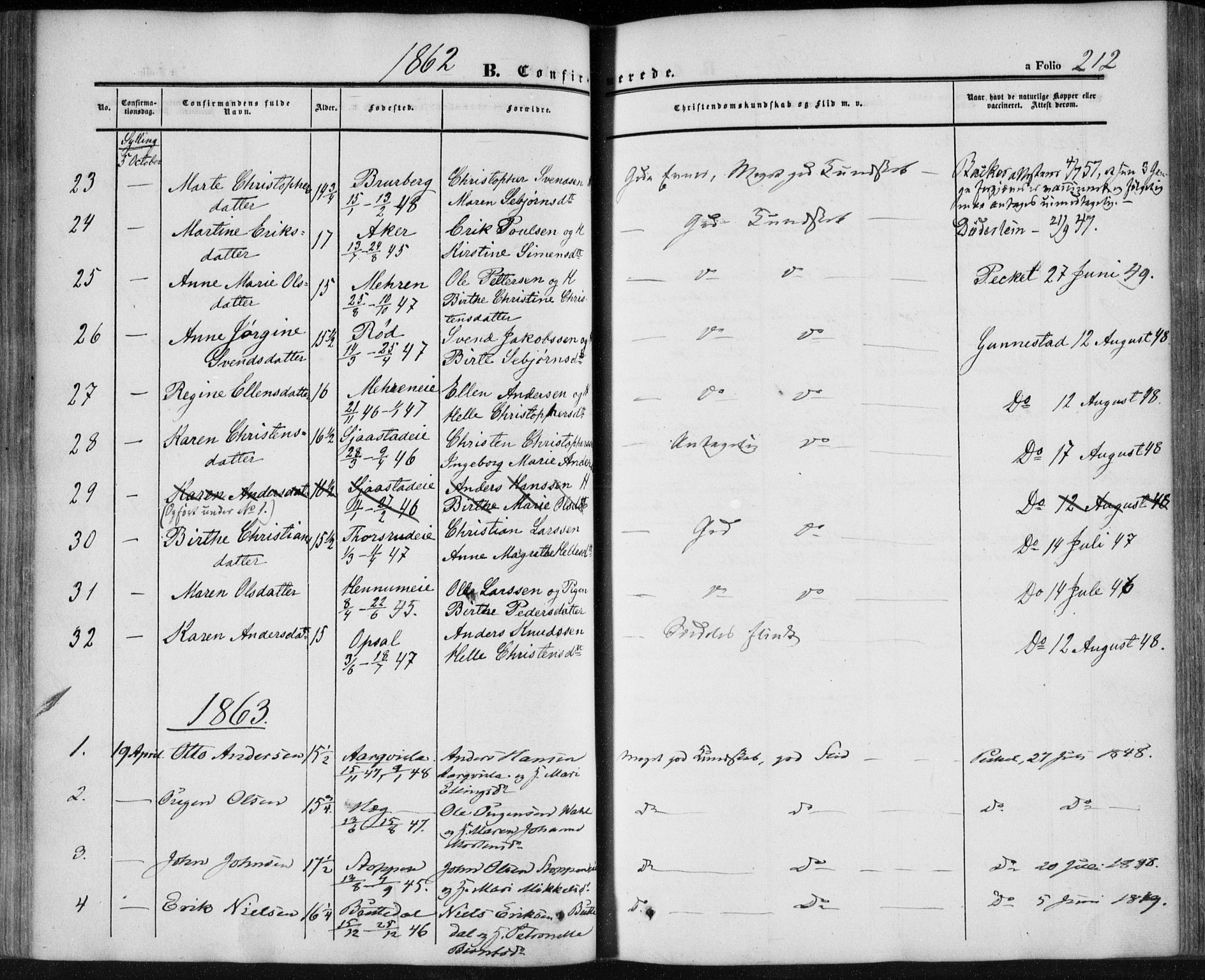 Lier kirkebøker, AV/SAKO-A-230/F/Fa/L0012: Parish register (official) no. I 12, 1854-1864, p. 212