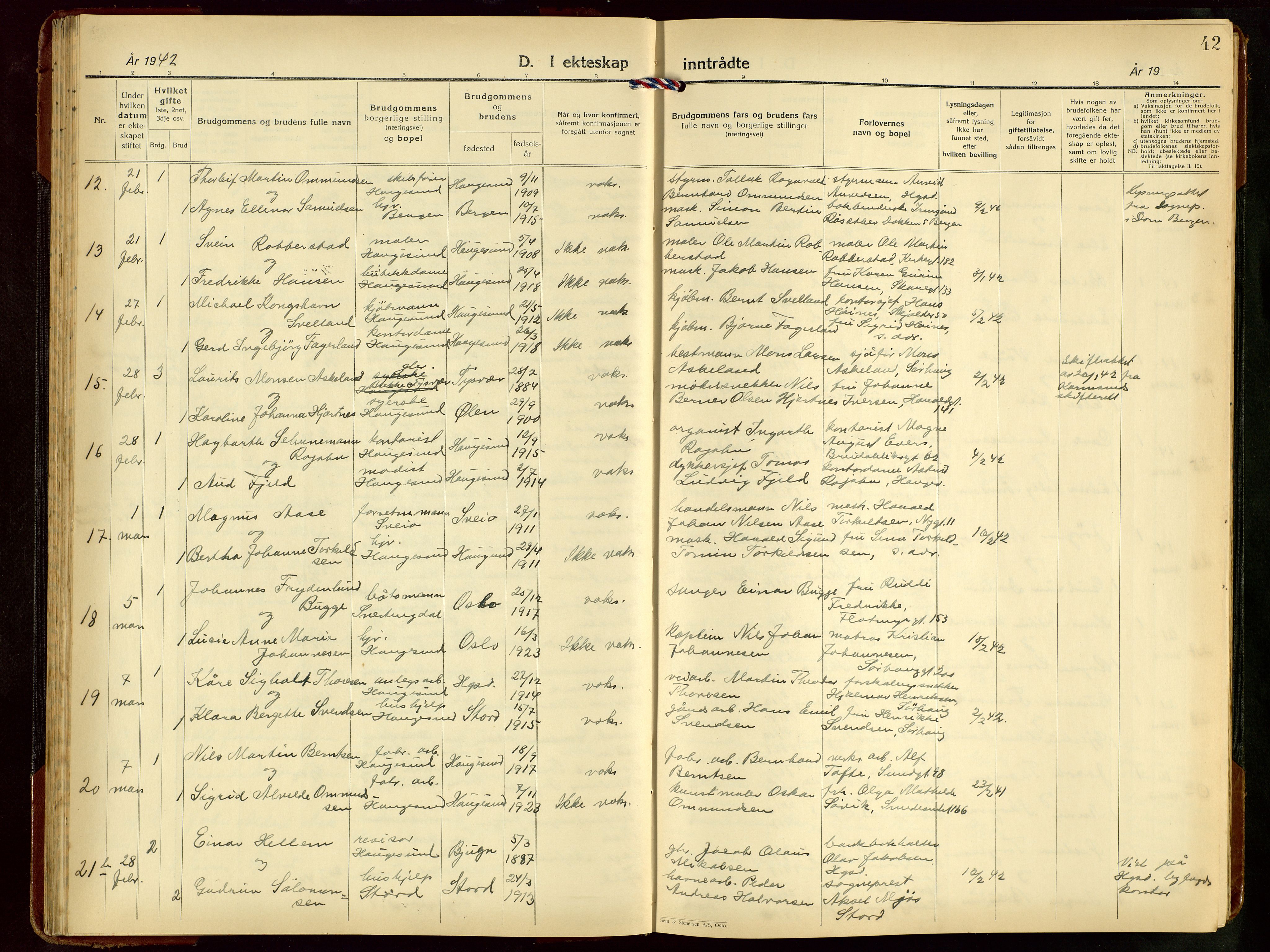 Haugesund sokneprestkontor, AV/SAST-A -101863/H/Ha/Hab/L0014: Parish register (copy) no. B 14, 1940-1952, p. 42