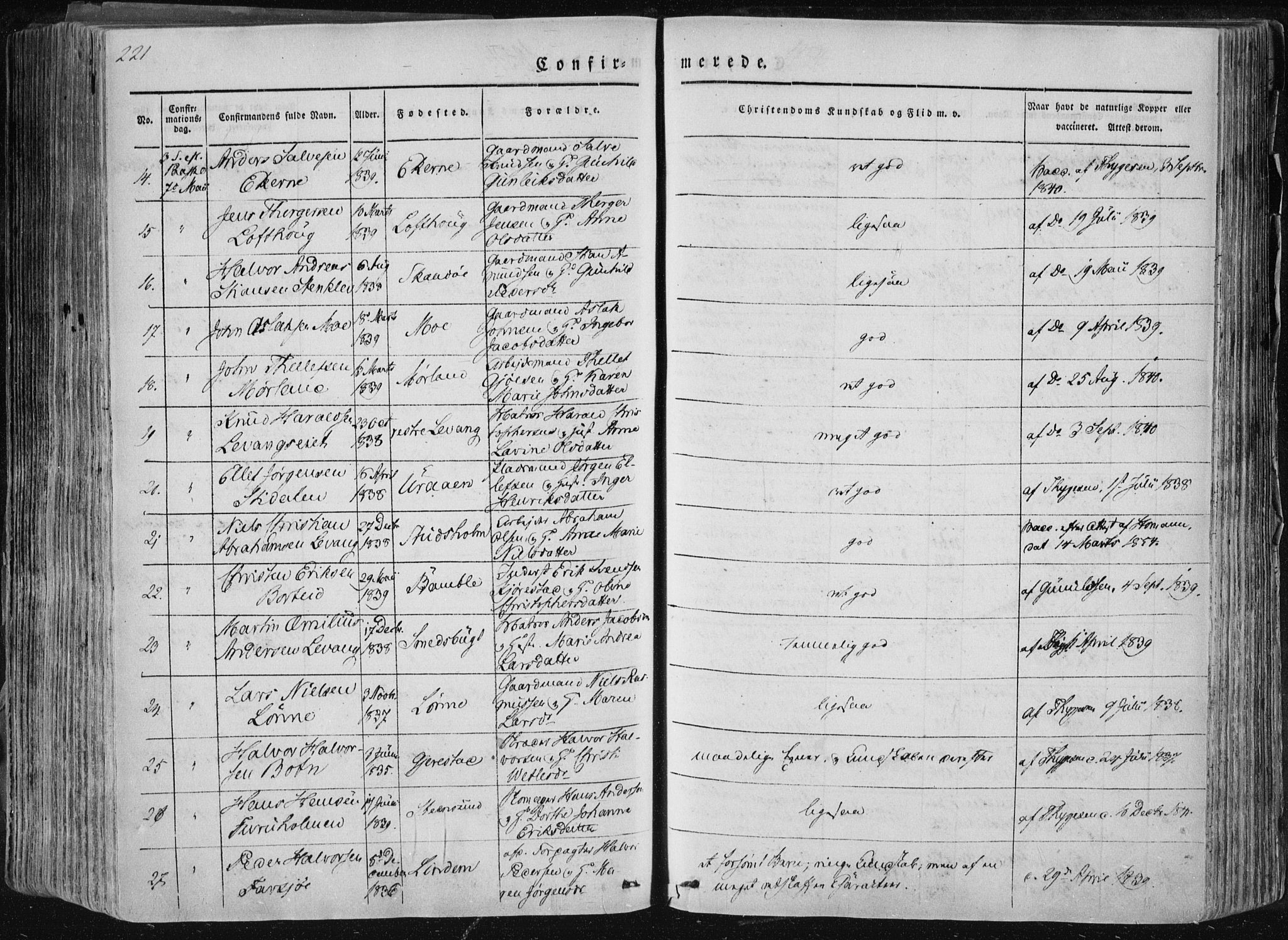 Sannidal kirkebøker, SAKO/A-296/F/Fa/L0007: Parish register (official) no. 7, 1831-1854, p. 221