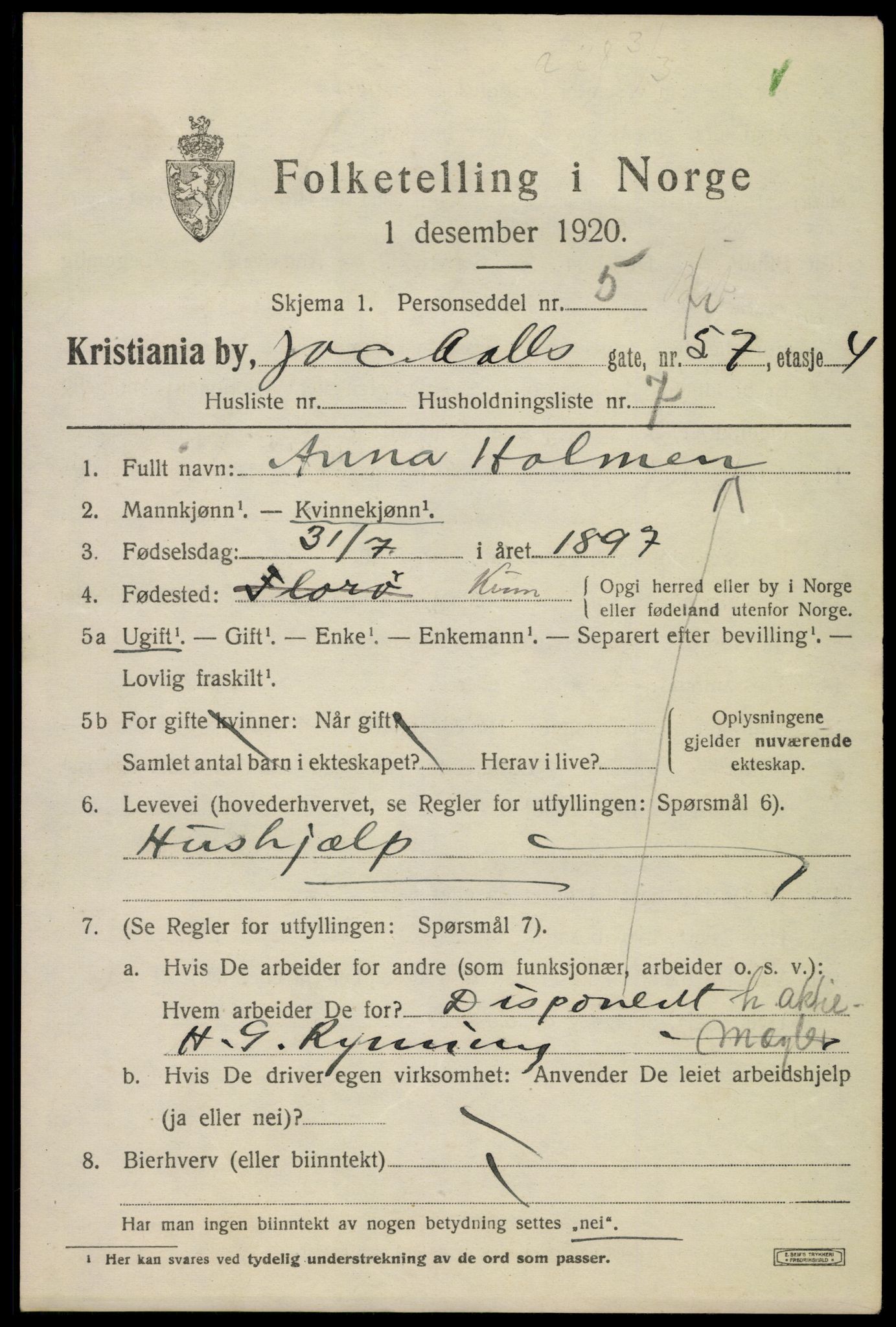 SAO, 1920 census for Kristiania, 1920, p. 316533