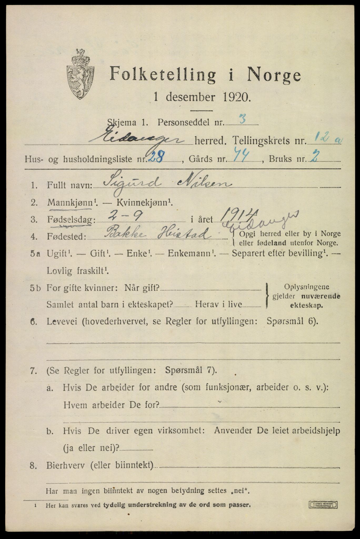 SAKO, 1920 census for Eidanger, 1920, p. 7490
