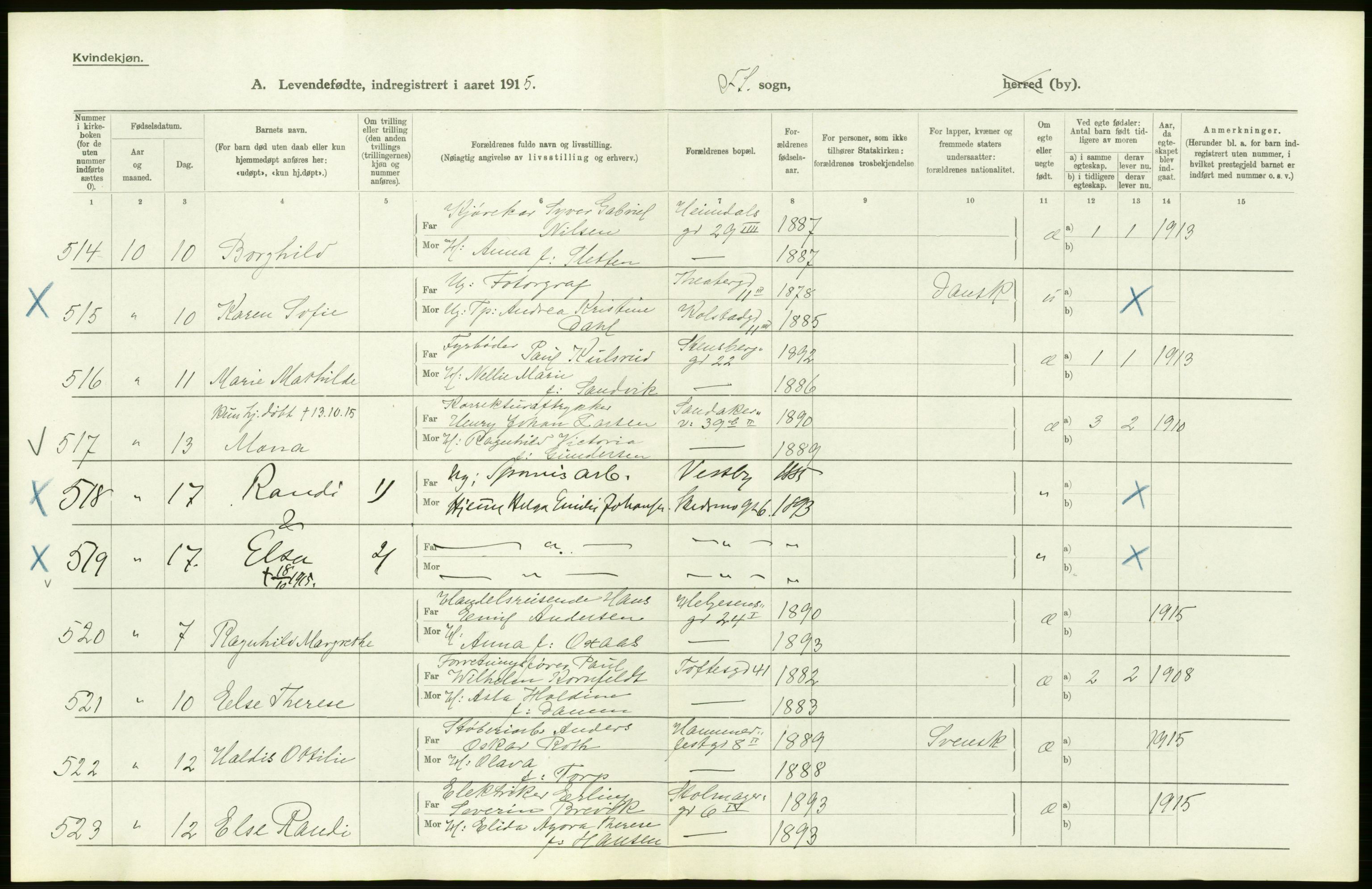 Statistisk sentralbyrå, Sosiodemografiske emner, Befolkning, AV/RA-S-2228/D/Df/Dfb/Dfbe/L0007: Kristiania: Levendefødte menn og kvinner., 1915, p. 30