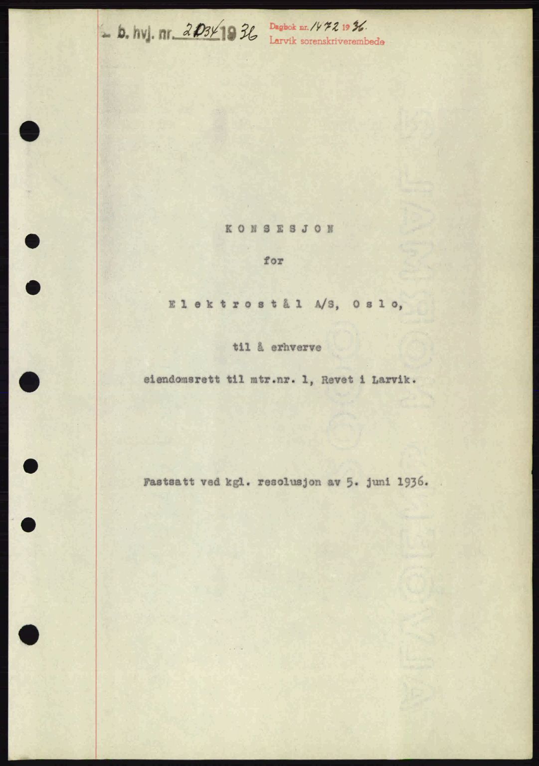 Larvik sorenskriveri, SAKO/A-83/G/Ga/Gab/L0067: Mortgage book no. A-1, 1936-1937, Diary no: : 1472/1936