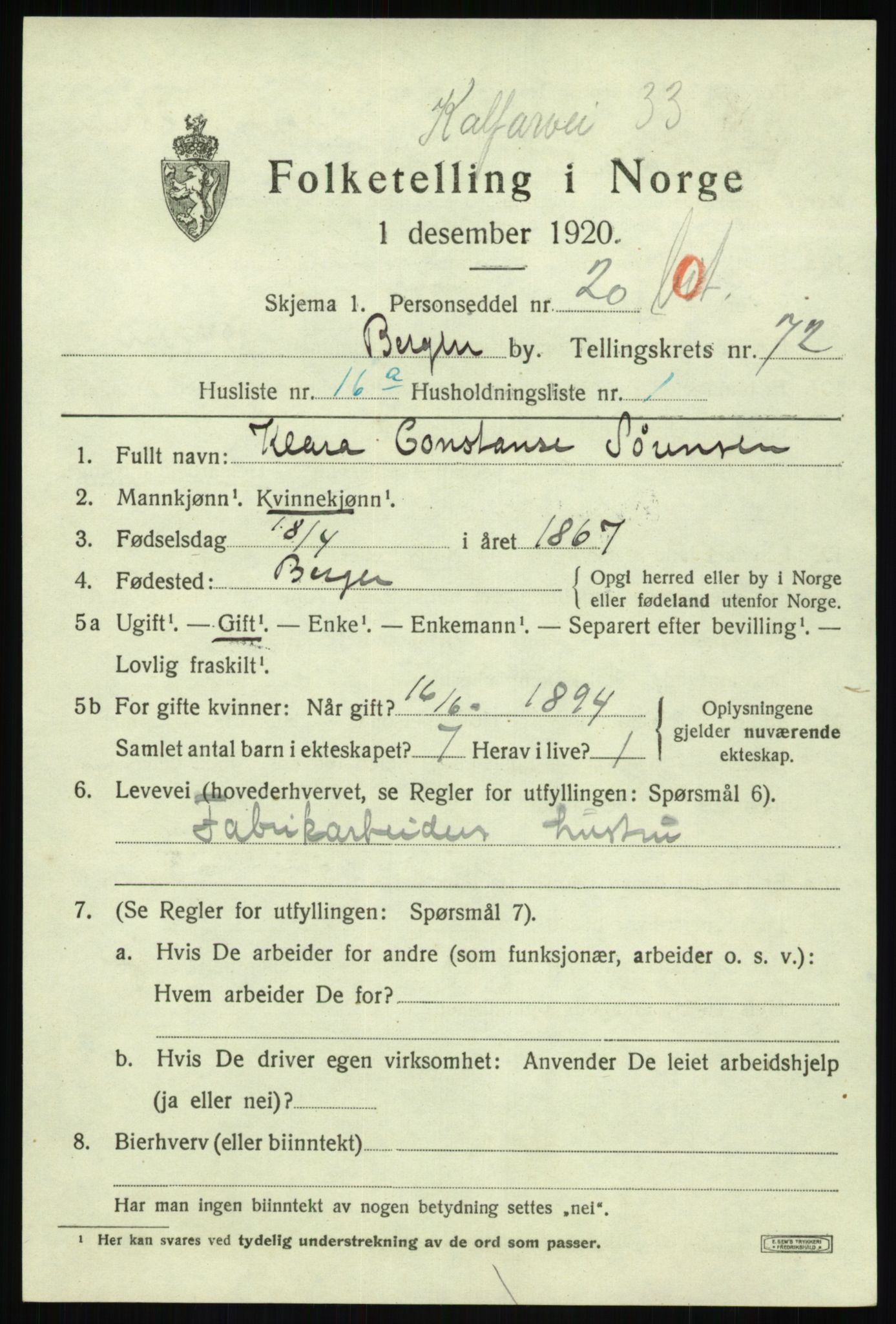 SAB, 1920 census for Bergen, 1920, p. 142374