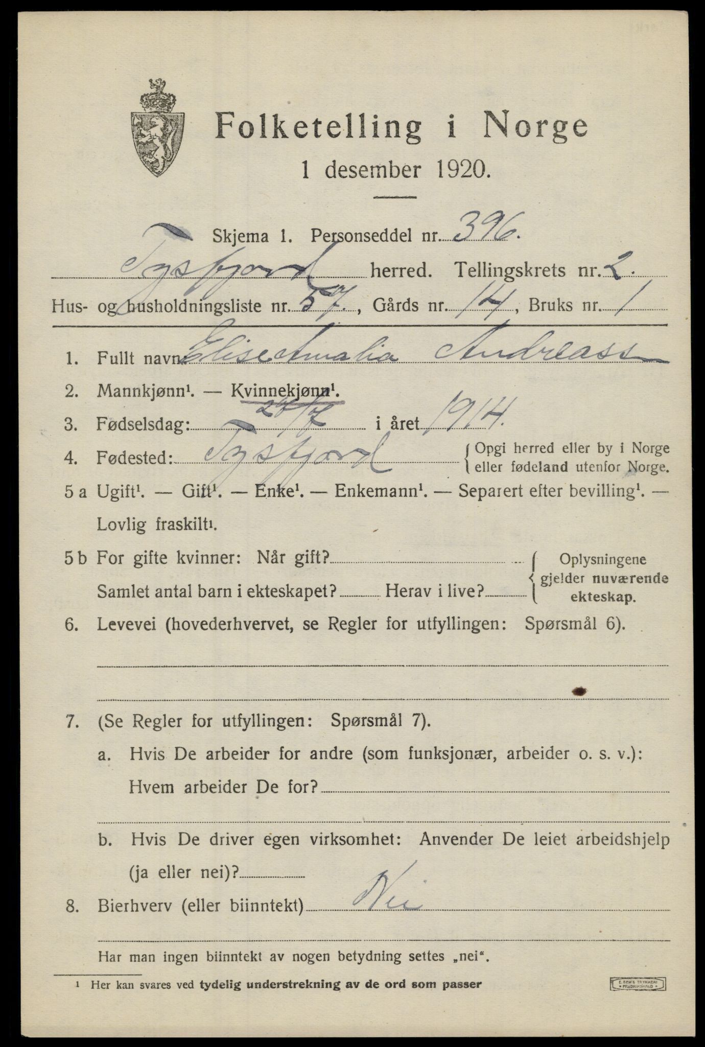 SAT, 1920 census for Tysfjord, 1920, p. 2023