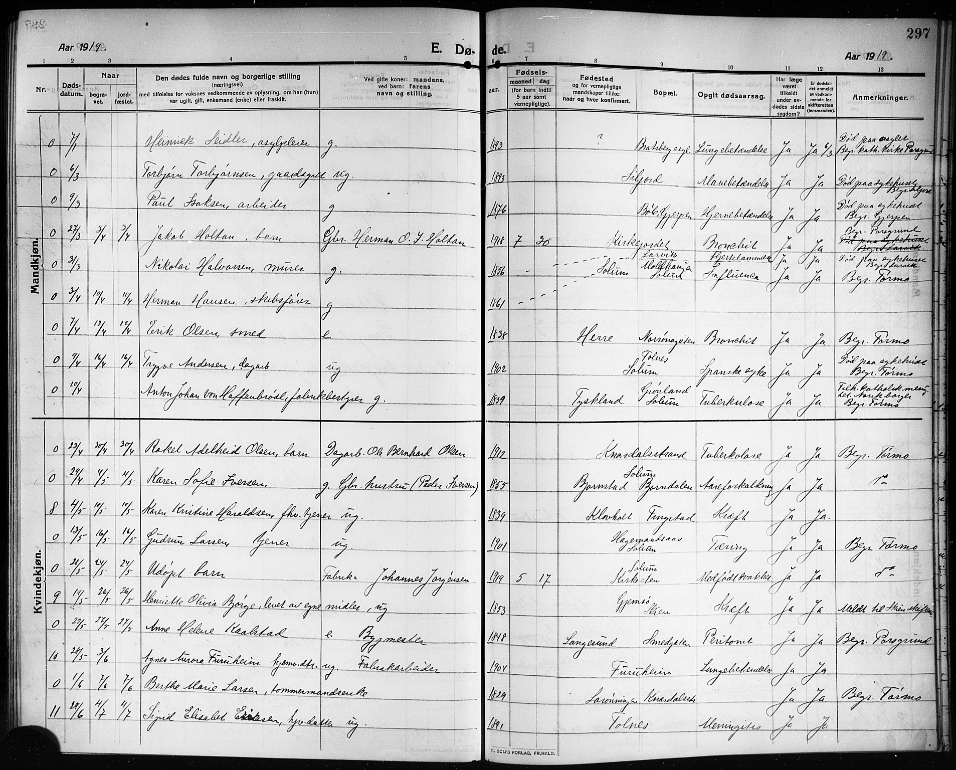 Solum kirkebøker, AV/SAKO-A-306/G/Ga/L0009: Parish register (copy) no. I 9, 1909-1922, p. 297