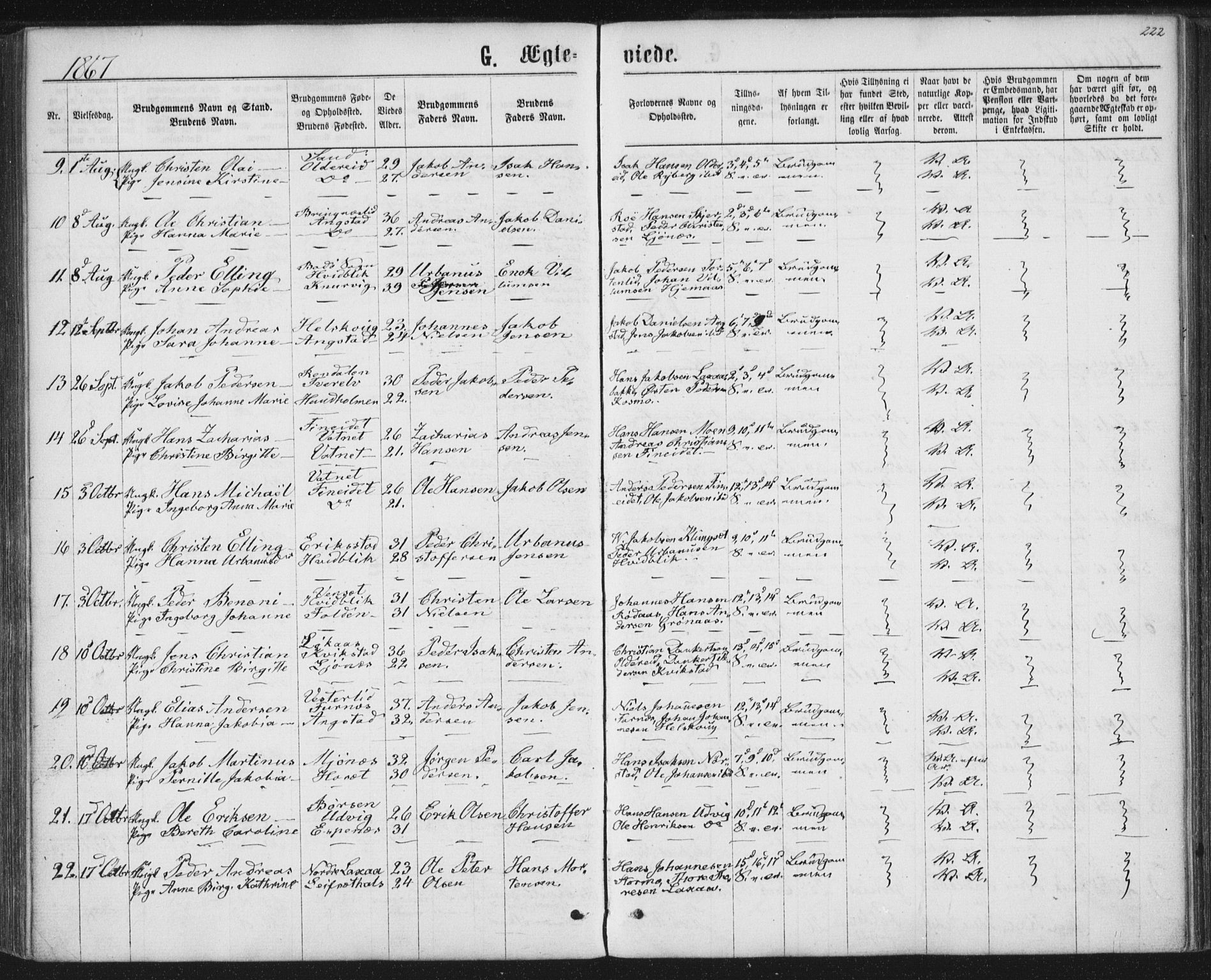 Ministerialprotokoller, klokkerbøker og fødselsregistre - Nordland, AV/SAT-A-1459/852/L0739: Parish register (official) no. 852A09, 1866-1877, p. 222