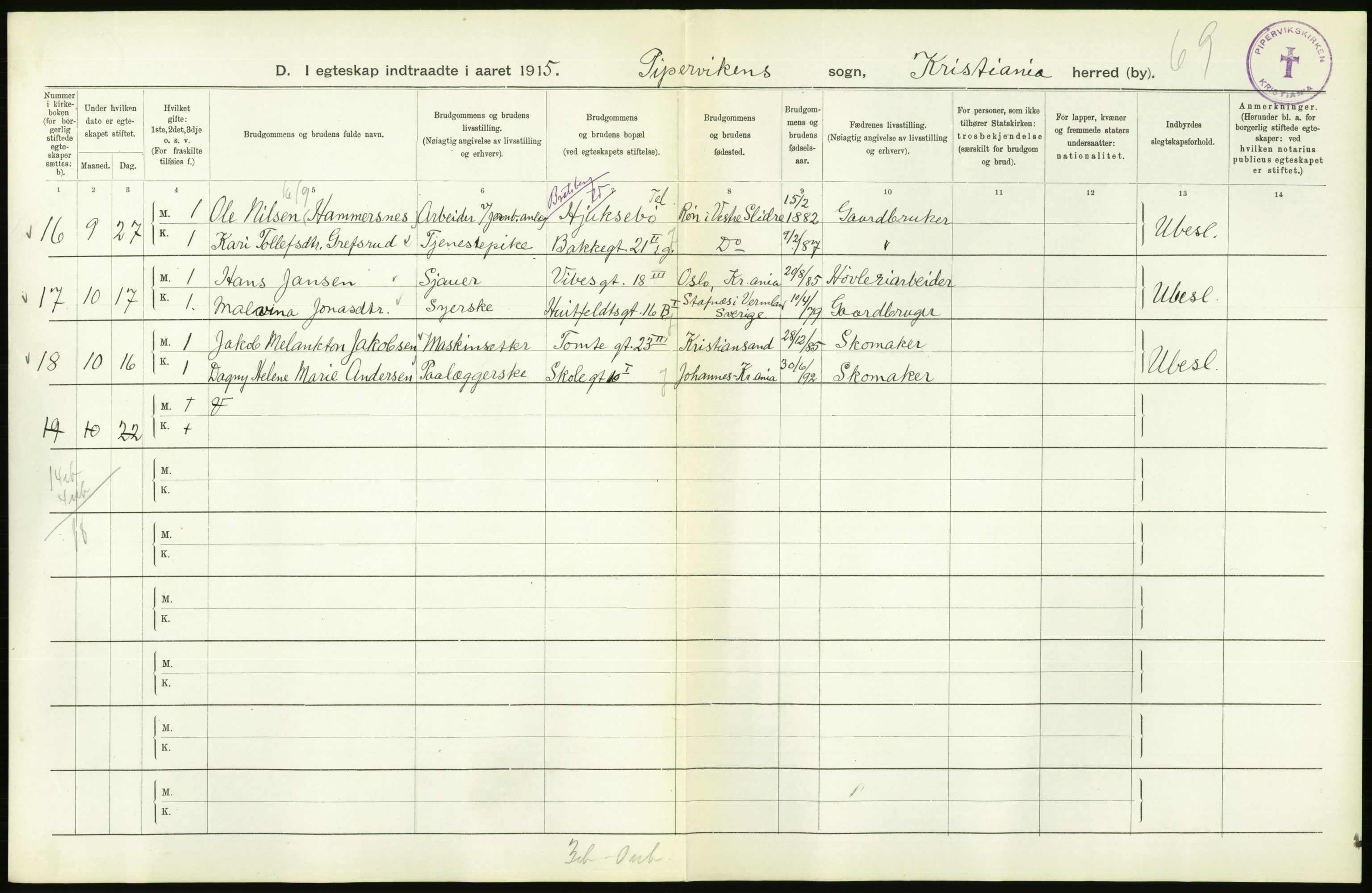 Statistisk sentralbyrå, Sosiodemografiske emner, Befolkning, AV/RA-S-2228/D/Df/Dfb/Dfbe/L0008: Kristiania: Gifte., 1915, p. 658