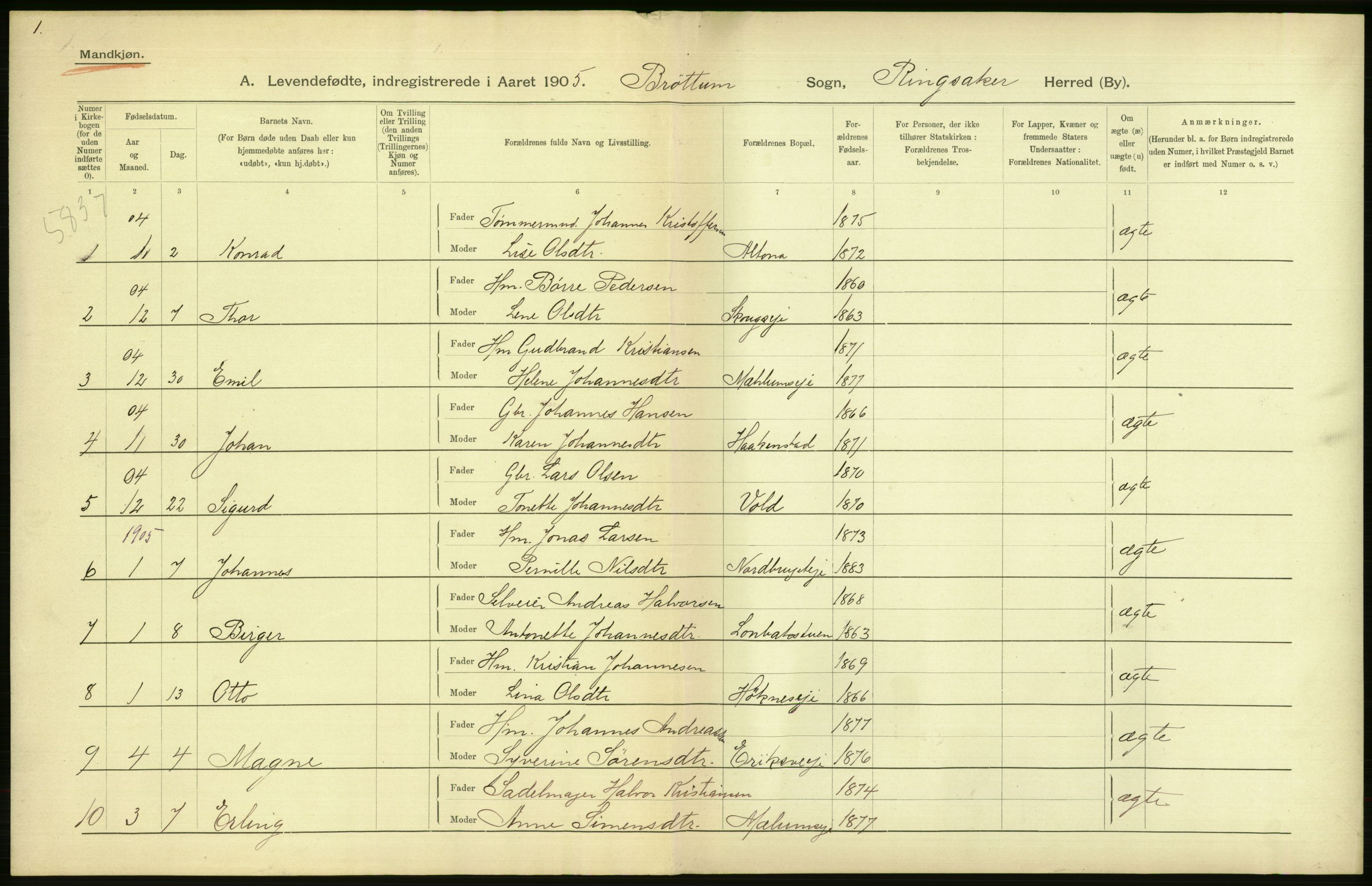 Statistisk sentralbyrå, Sosiodemografiske emner, Befolkning, AV/RA-S-2228/D/Df/Dfa/Dfac/L0008: Hedemarkens amt: Fødte. Bygder., 1905, p. 4