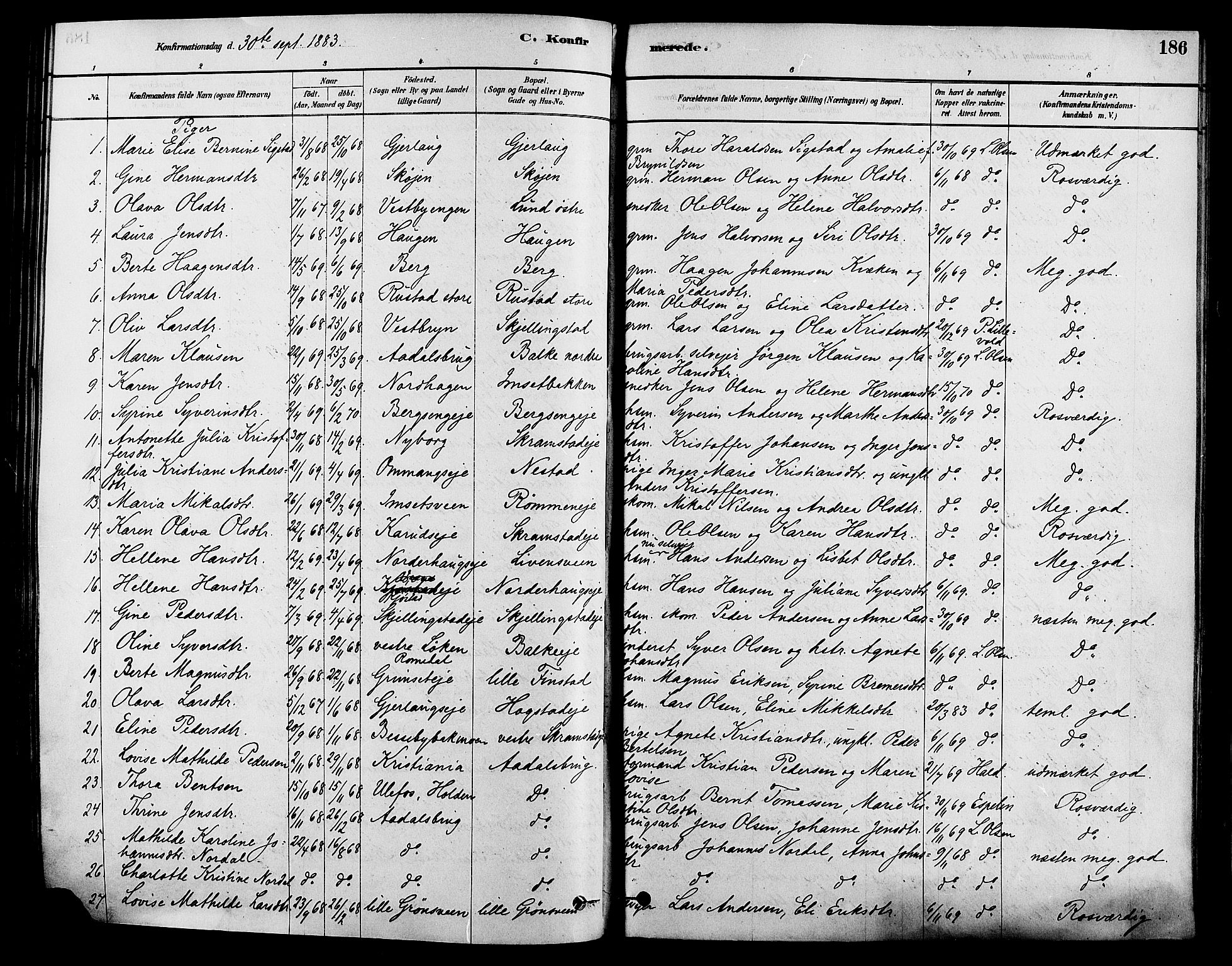 Løten prestekontor, SAH/PREST-022/K/Ka/L0009: Parish register (official) no. 9, 1878-1891, p. 186