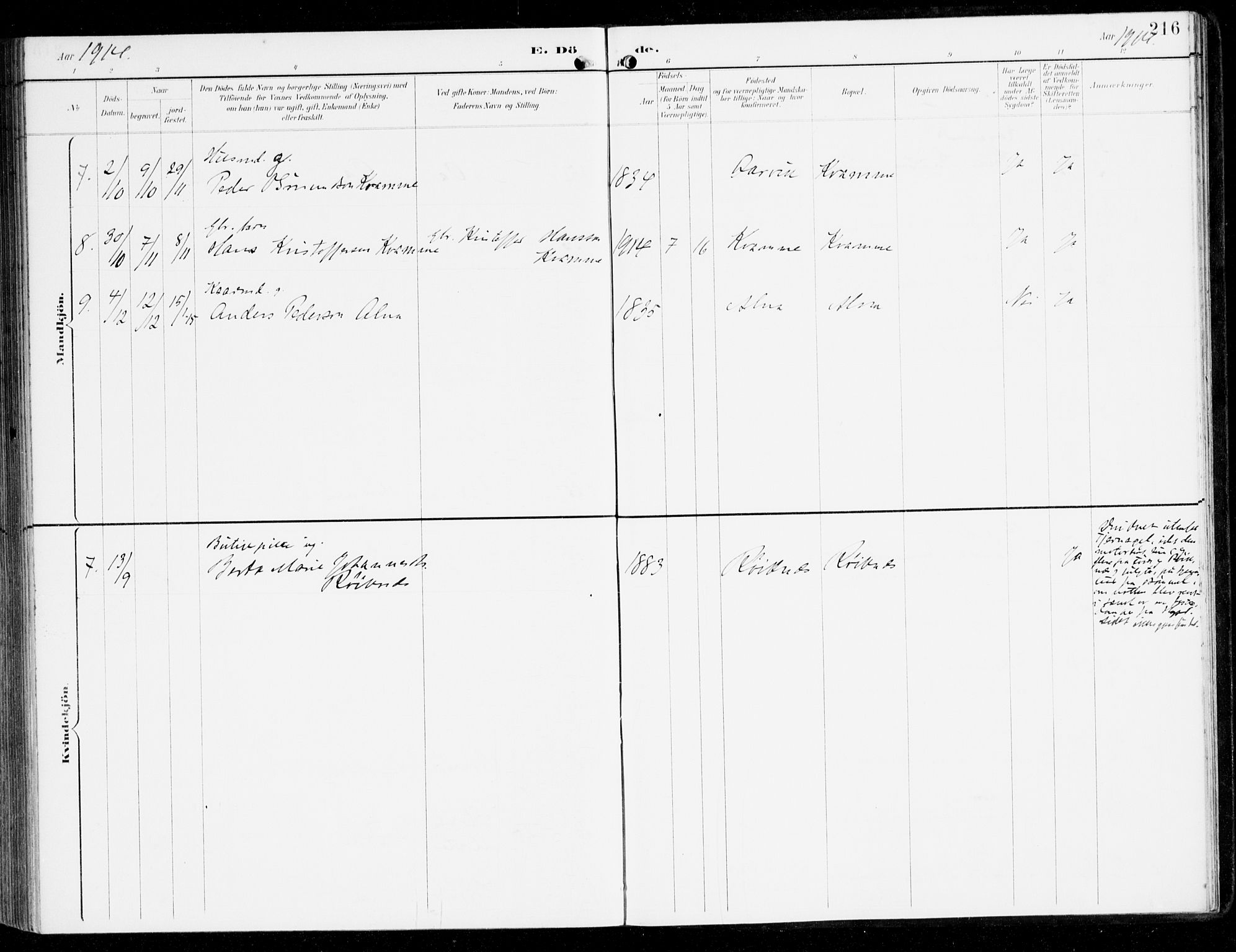 Sveio Sokneprestembete, AV/SAB-A-78501/H/Haa: Parish register (official) no. D 2, 1894-1916, p. 216