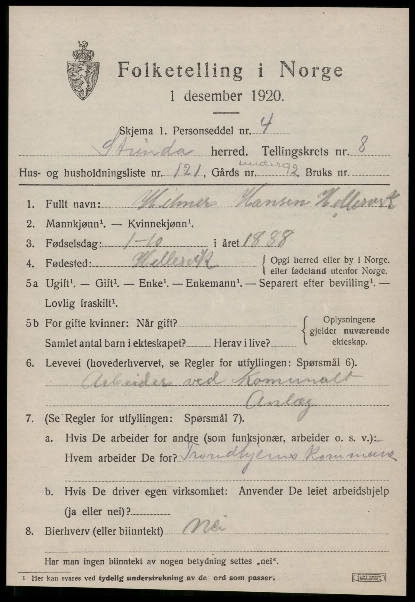 SAT, 1920 census for Strinda, 1920, p. 22136