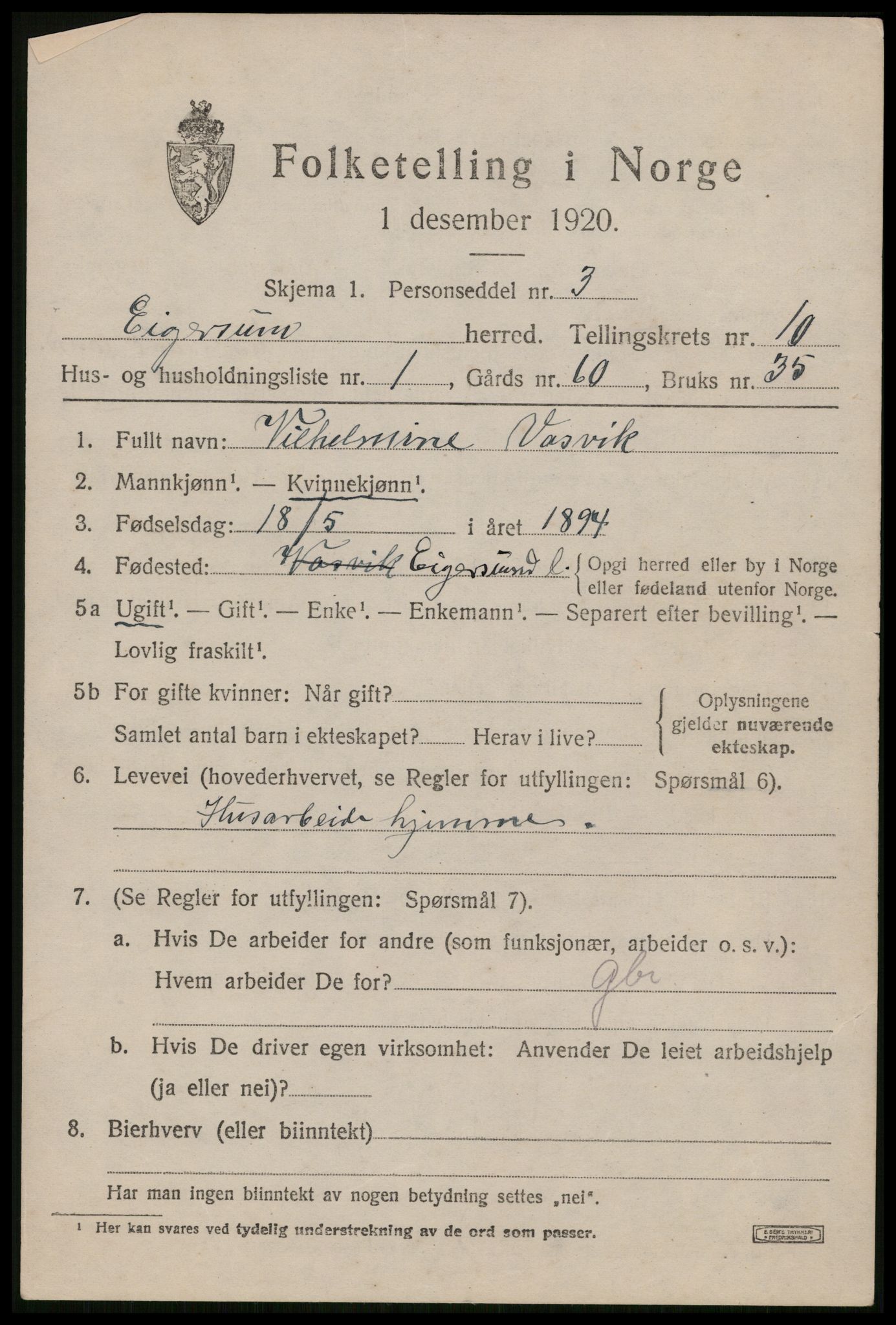 SAST, 1920 census for Eigersund, 1920, p. 6321