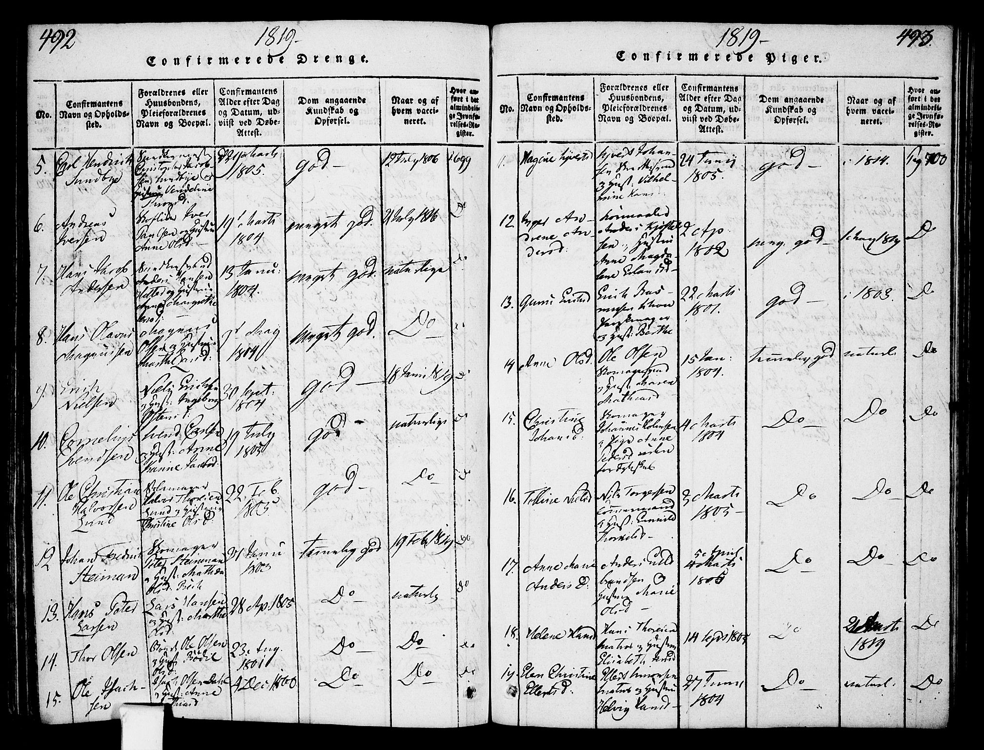 Oslo domkirke Kirkebøker, SAO/A-10752/F/Fa/L0007: Parish register (official) no. 7, 1817-1824, p. 492-493