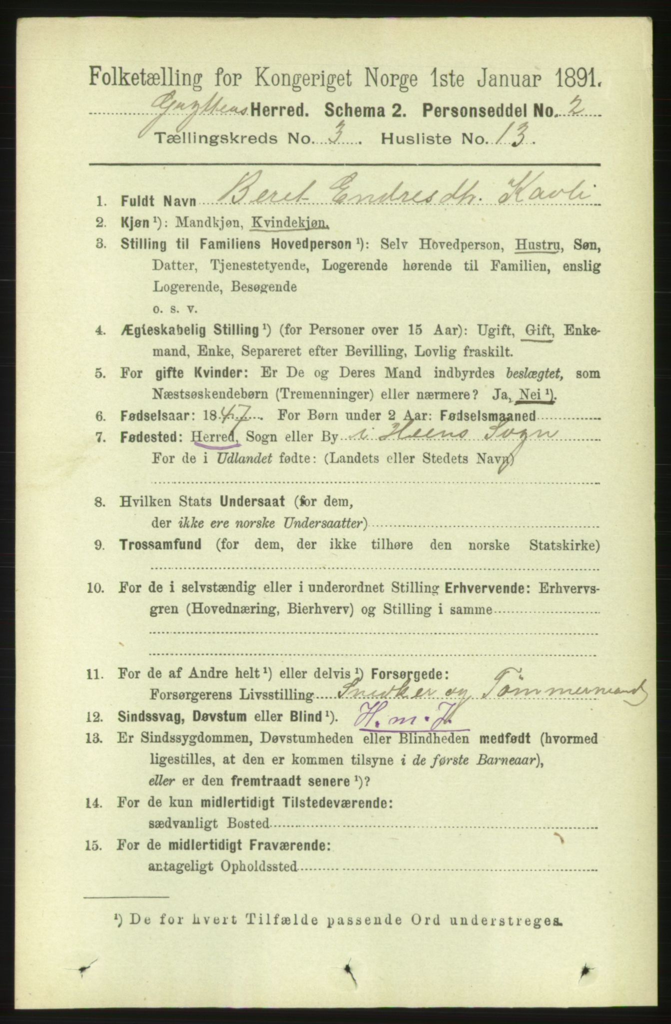 RA, 1891 census for 1539 Grytten, 1891, p. 1000