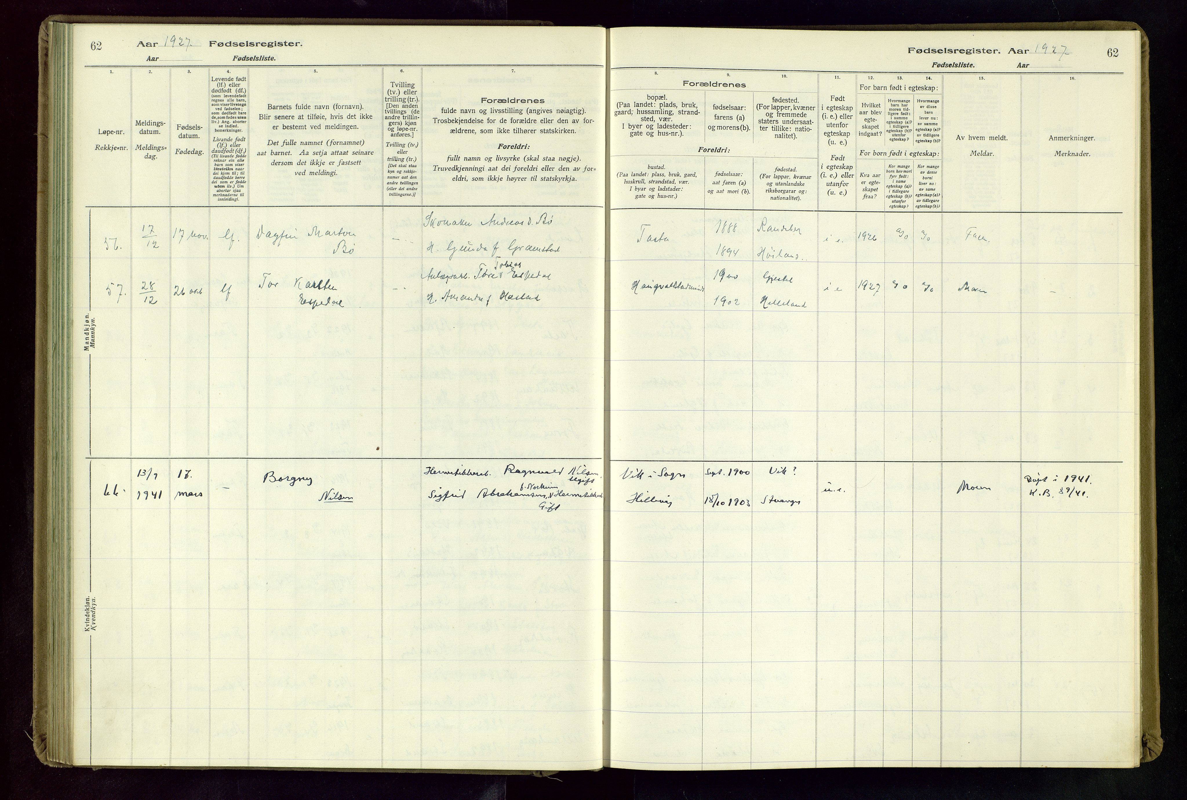 Hetland sokneprestkontor, AV/SAST-A-101826/70/704BA/L0004: Birth register no. 4, 1923-1937, p. 62