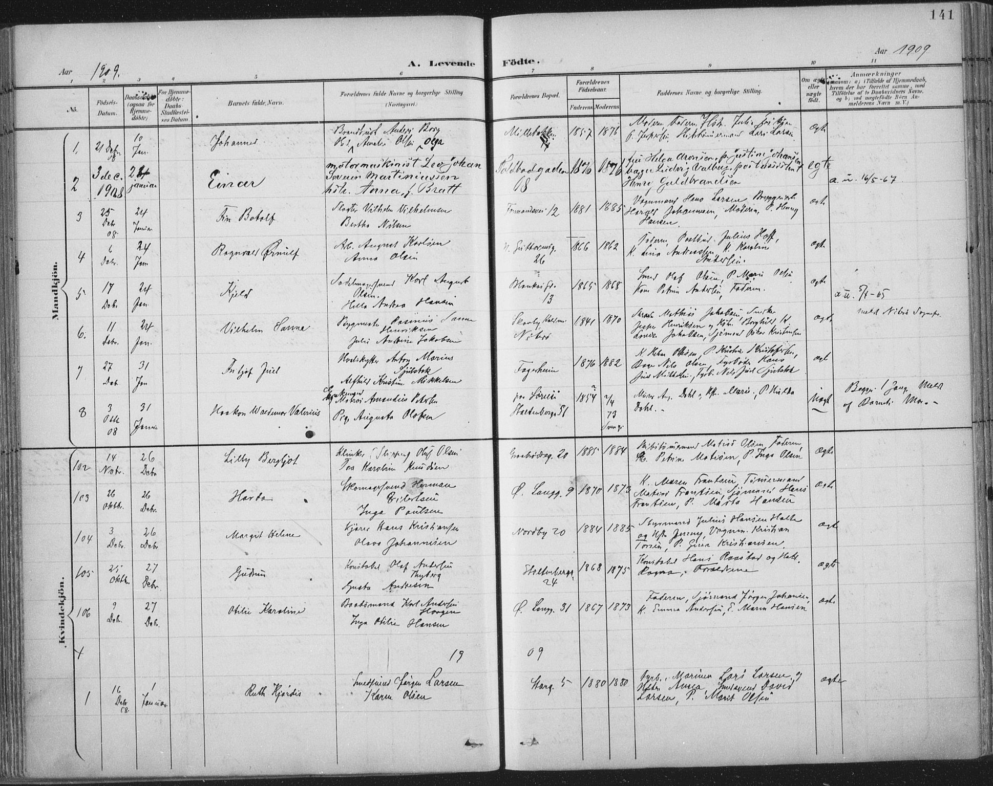 Tønsberg kirkebøker, AV/SAKO-A-330/F/Fa/L0014: Parish register (official) no. I 14, 1900-1913, p. 141