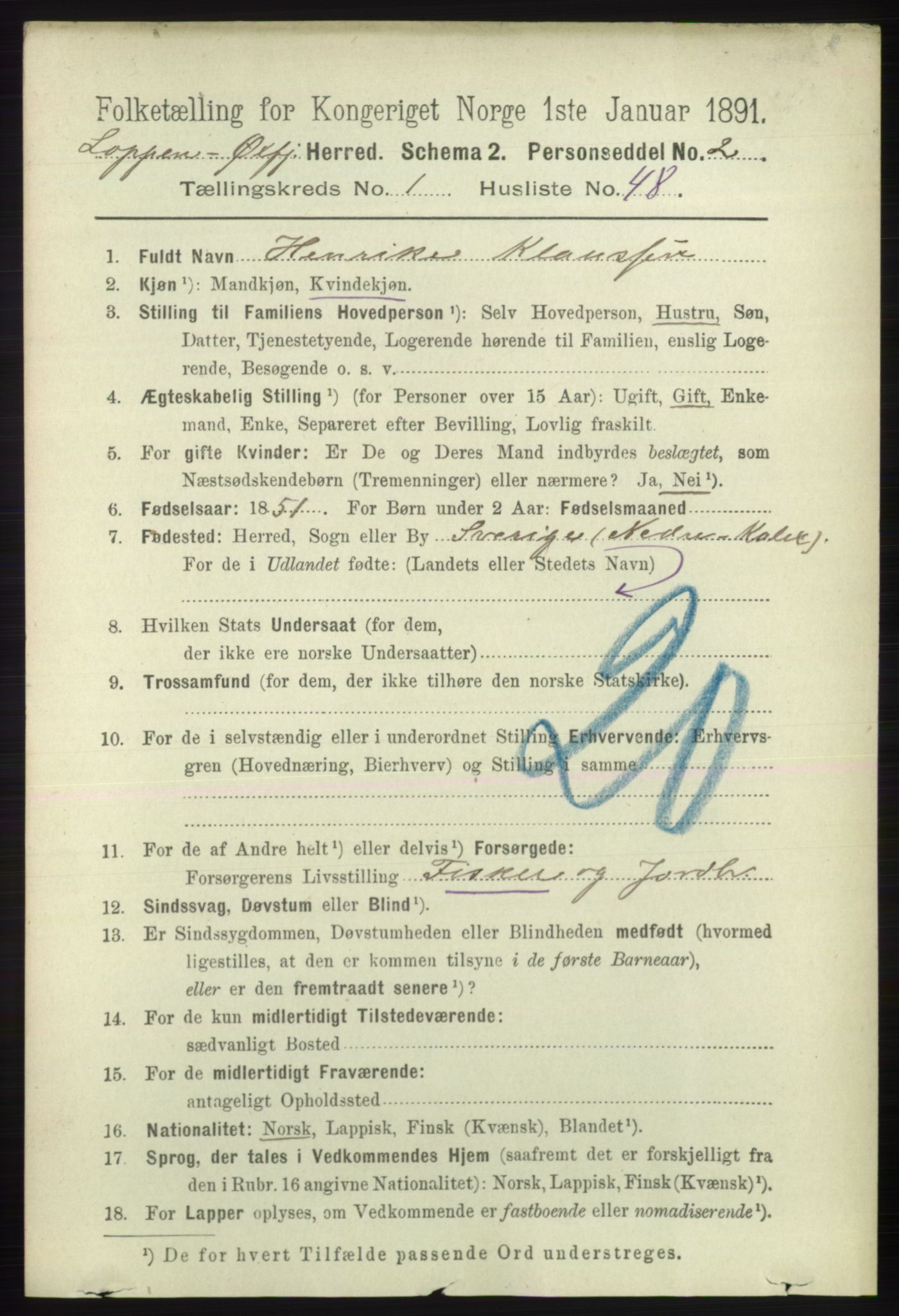 RA, 1891 census for 2014 Loppa, 1891, p. 315