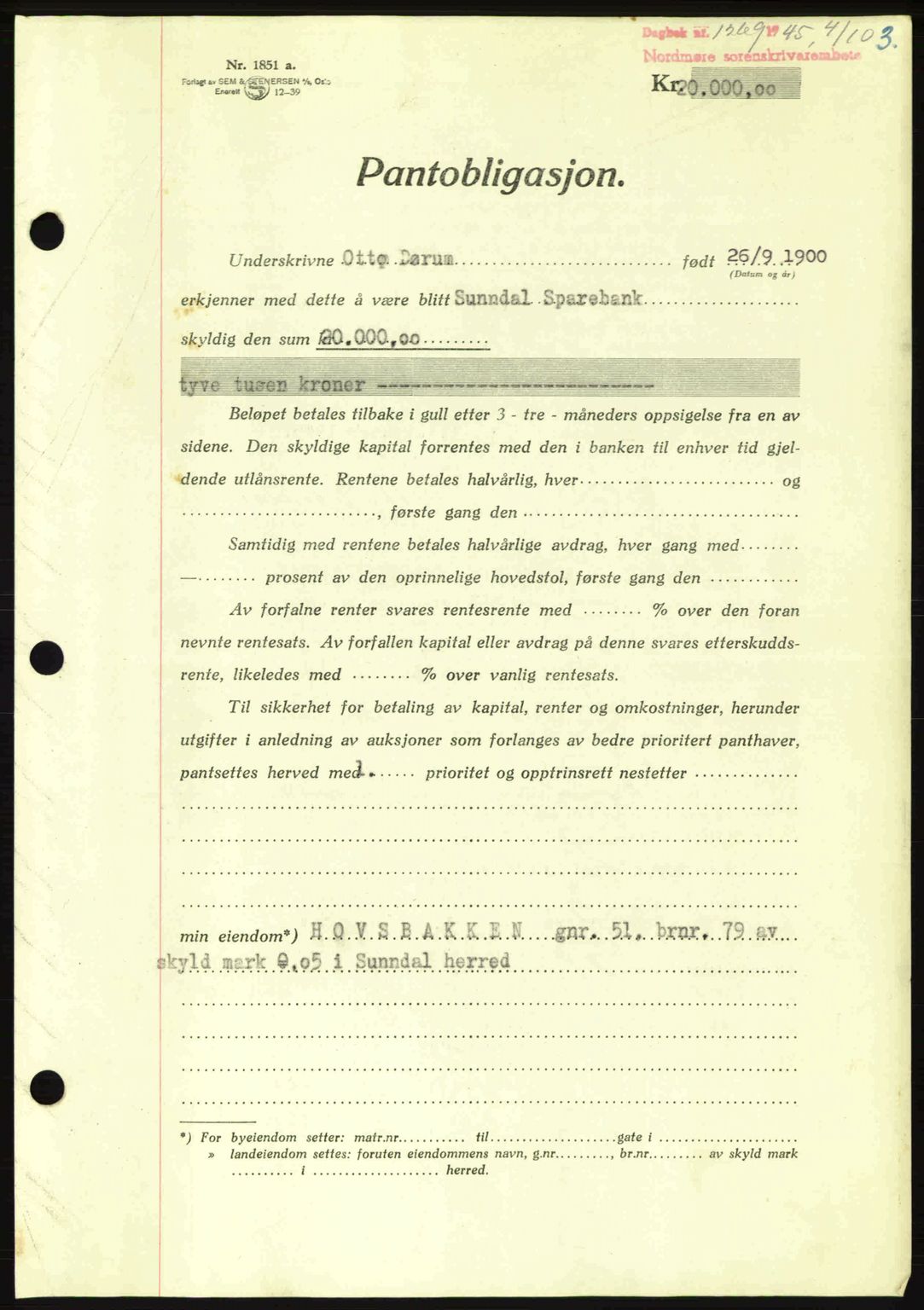 Nordmøre sorenskriveri, AV/SAT-A-4132/1/2/2Ca: Mortgage book no. B93a, 1945-1945, Diary no: : 1269/1945