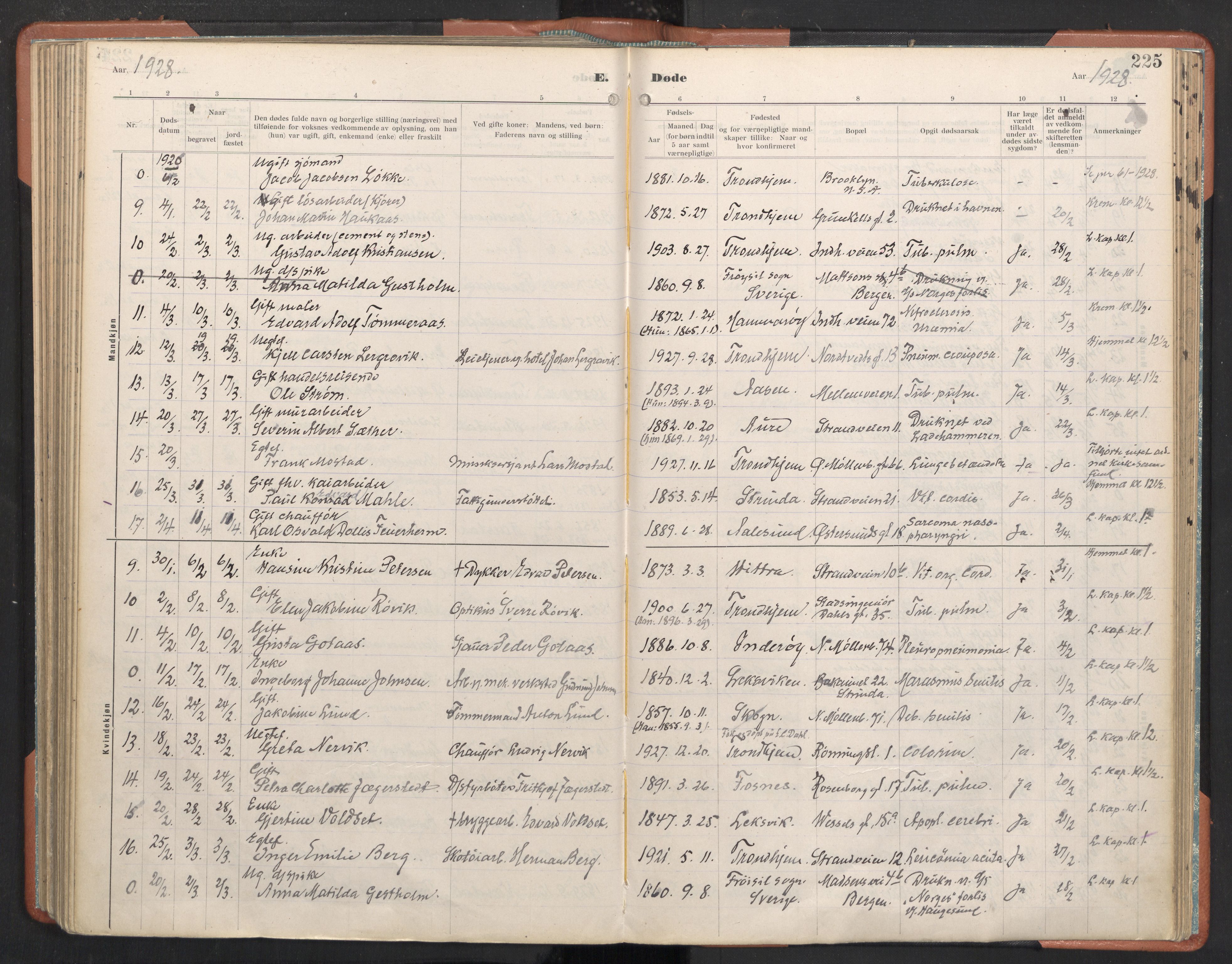 Ministerialprotokoller, klokkerbøker og fødselsregistre - Sør-Trøndelag, SAT/A-1456/605/L0245: Parish register (official) no. 605A07, 1916-1938, p. 225