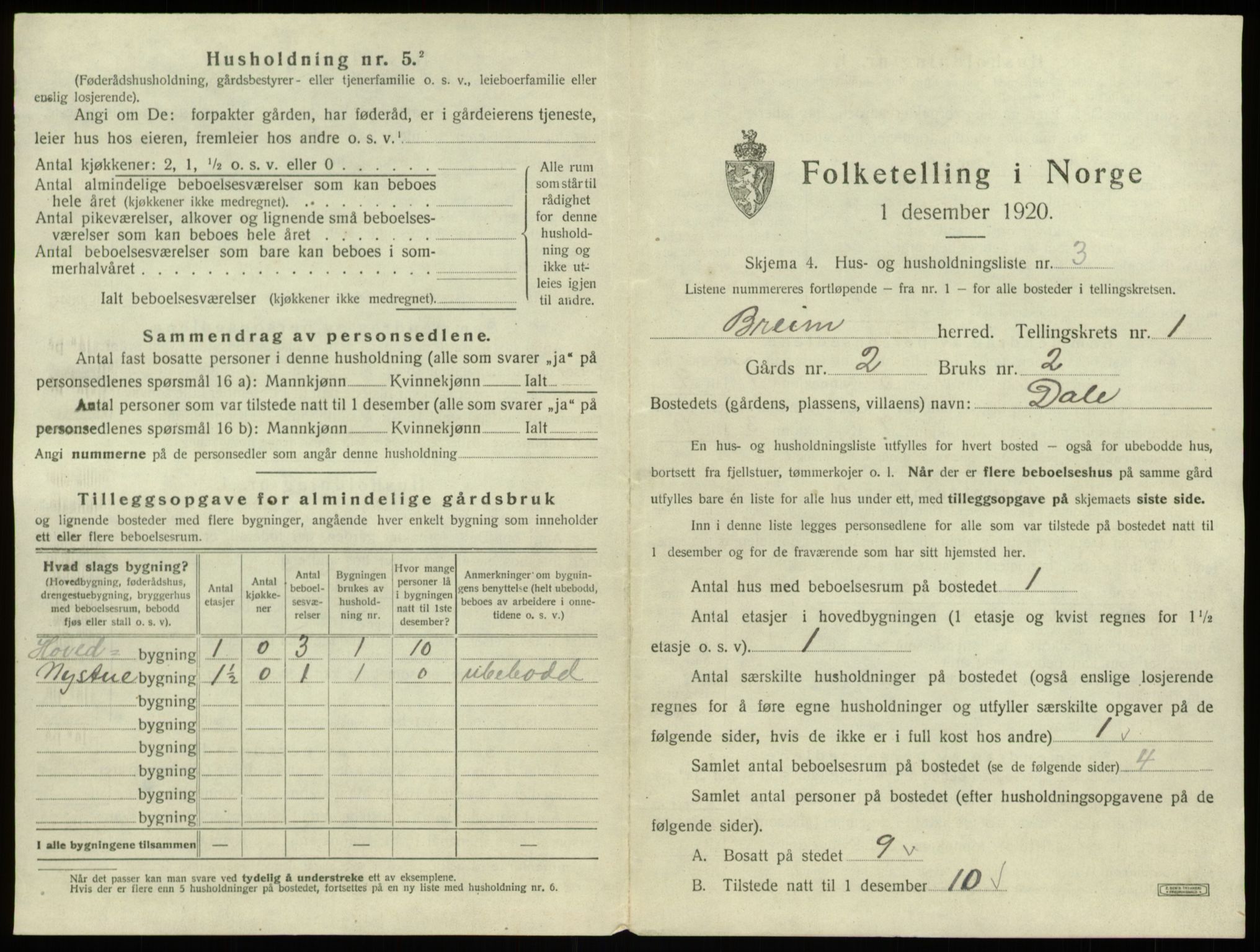 SAB, 1920 census for Breim, 1920, p. 43