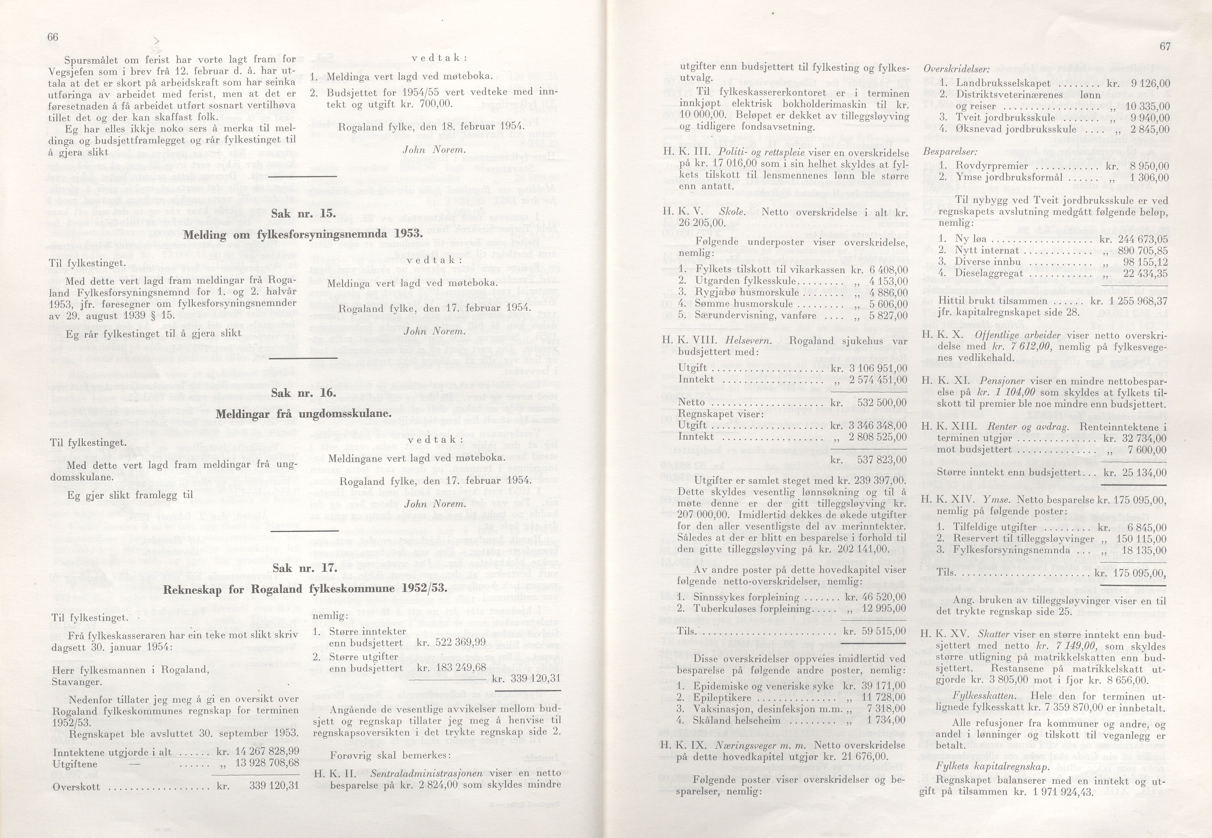 Rogaland fylkeskommune - Fylkesrådmannen , IKAR/A-900/A/Aa/Aaa/L0073: Møtebok , 1954, p. 66-67