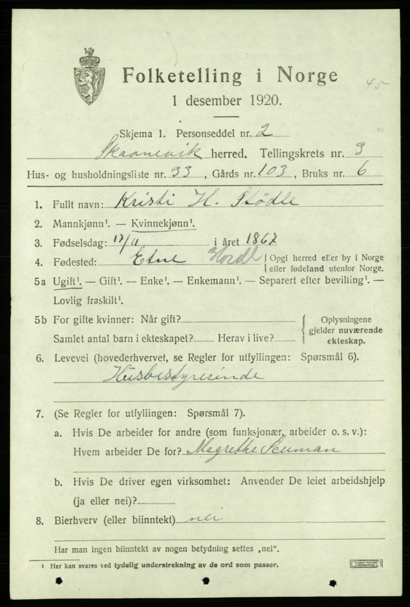 SAB, 1920 census for Skånevik, 1920, p. 3163