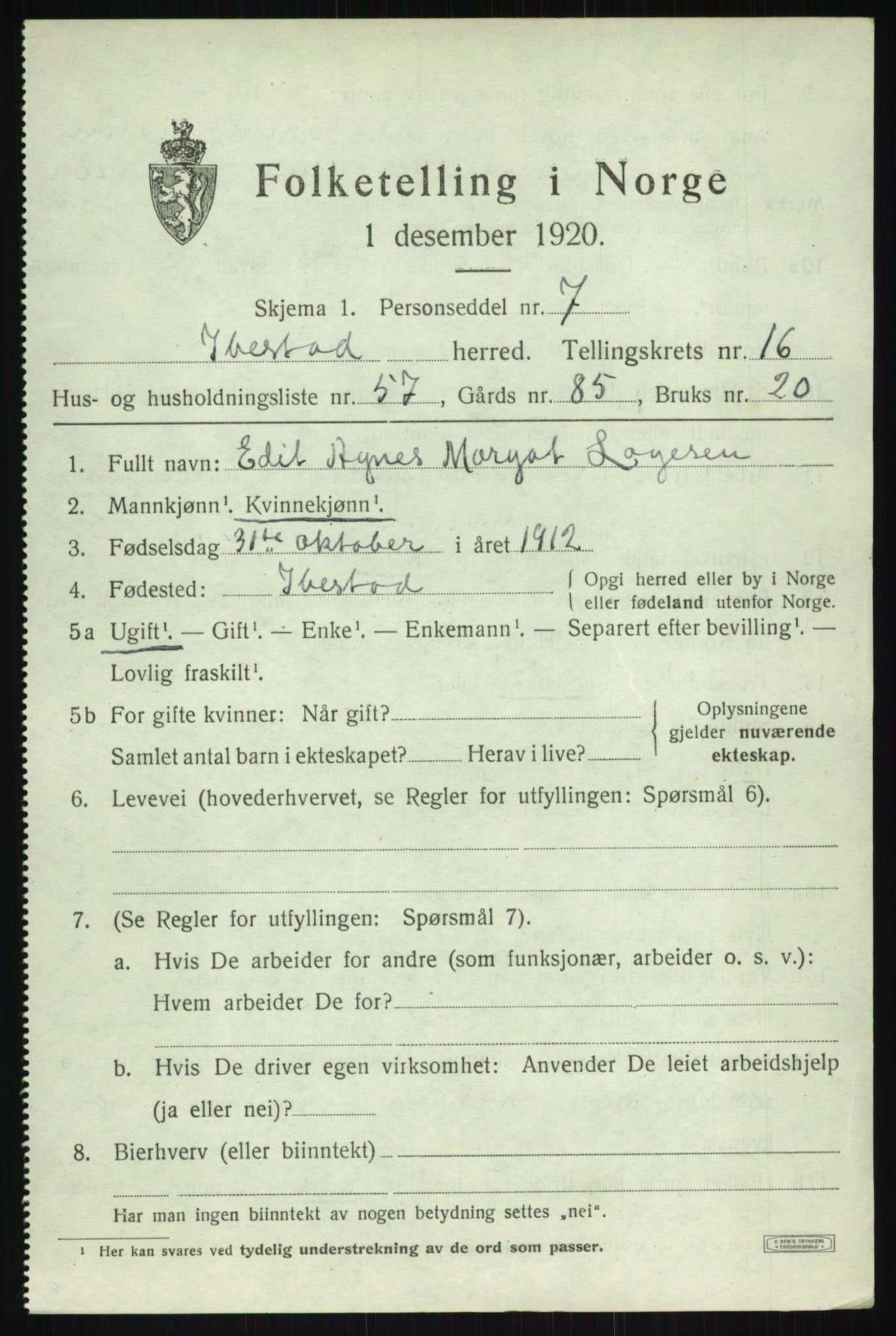 SATØ, 1920 census for Ibestad, 1920, p. 8694