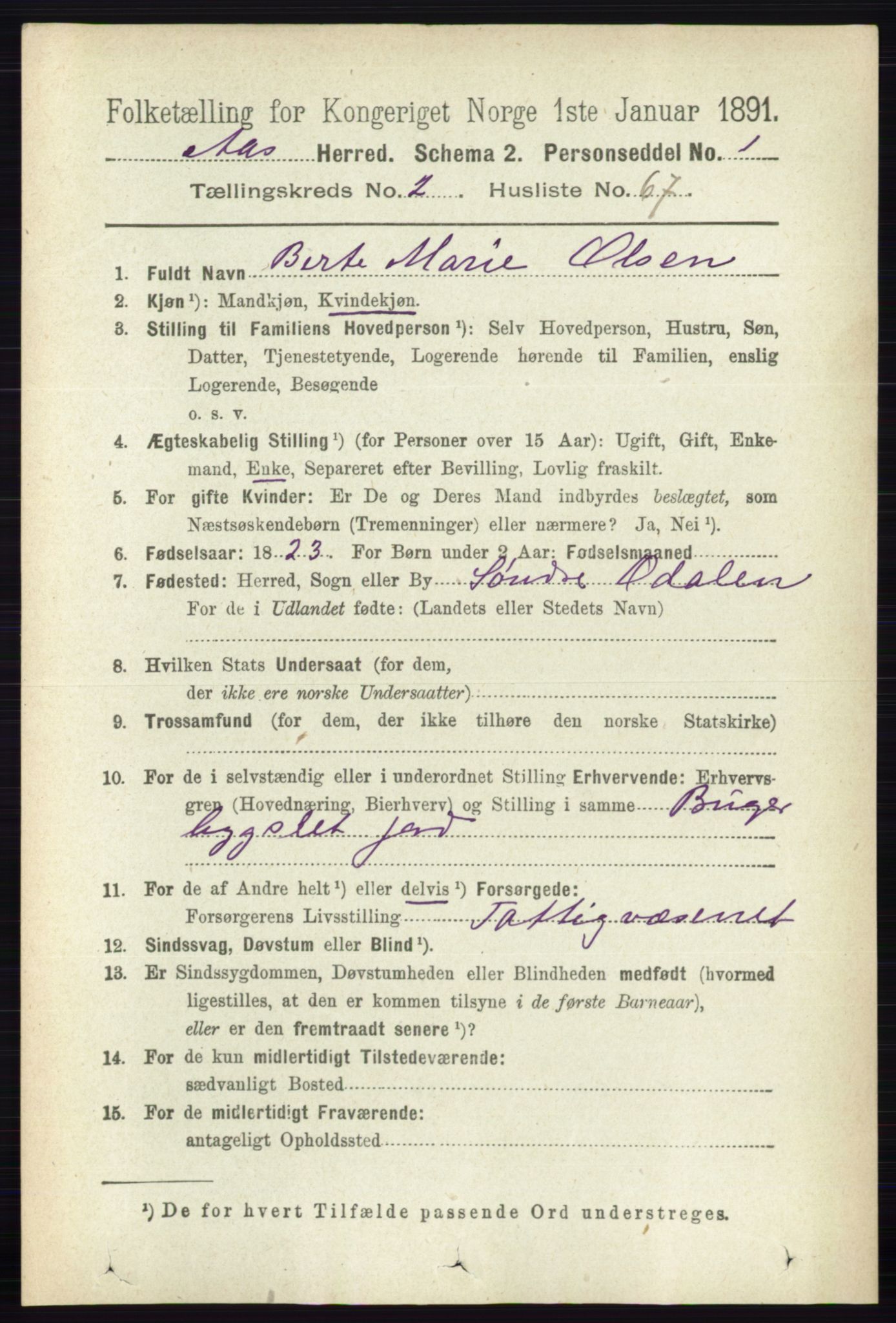 RA, 1891 census for 0214 Ås, 1891, p. 2009